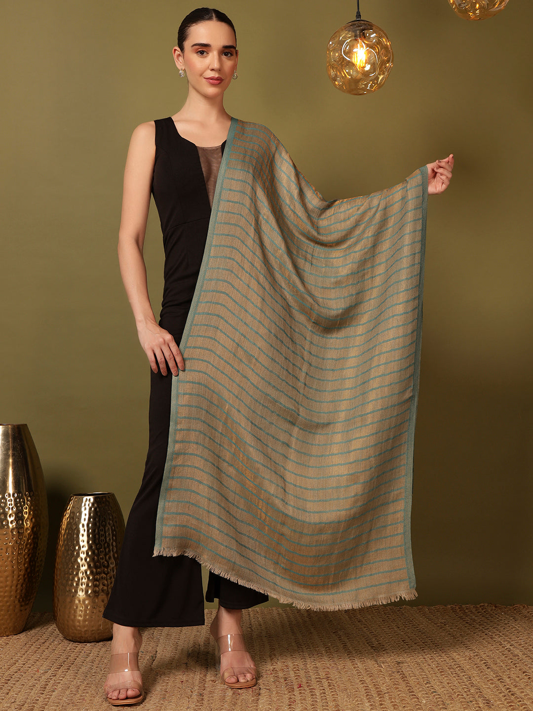 Pashmoda Women Golden Mirage Reversible Zari Moonlight Fine Wool Stole (Size: 71x203 Cm)