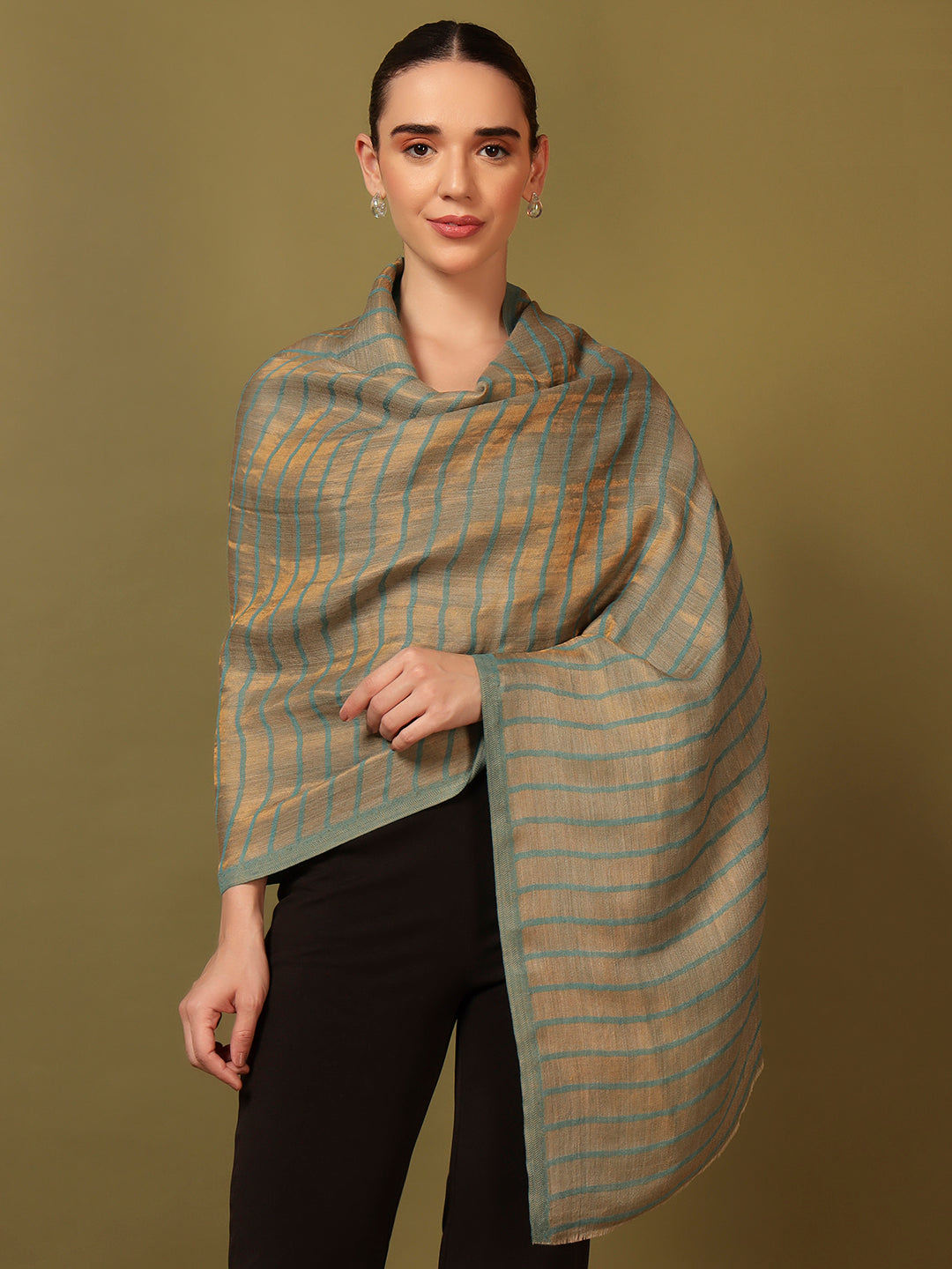 Pashmoda Women Golden Mirage Reversible Zari Moonlight Fine Wool Stole (Size: 71x203 Cm)