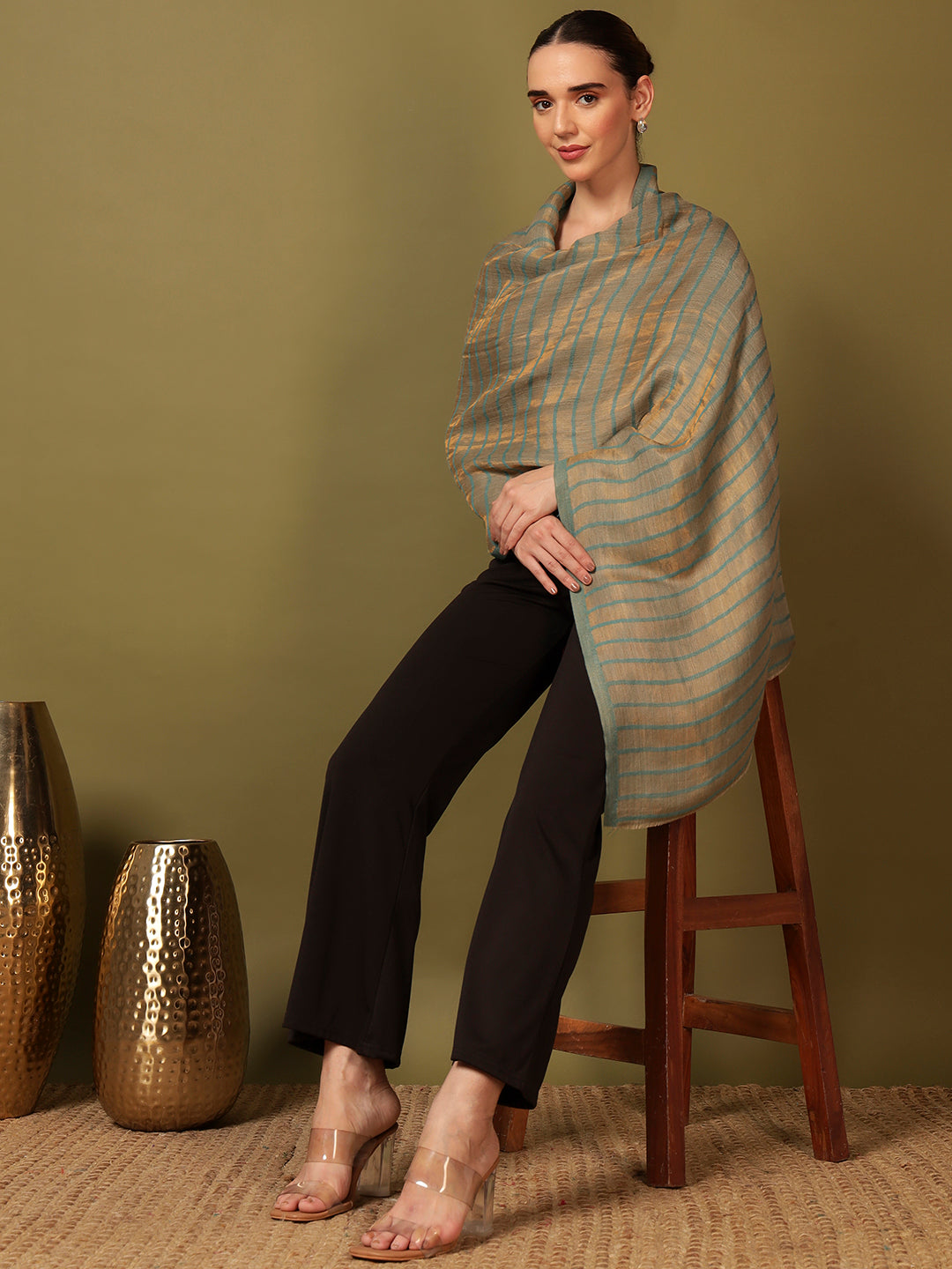 Pashmoda Women Golden Mirage Reversible Zari Moonlight Fine Wool Stole (Size: 71x203 Cm)