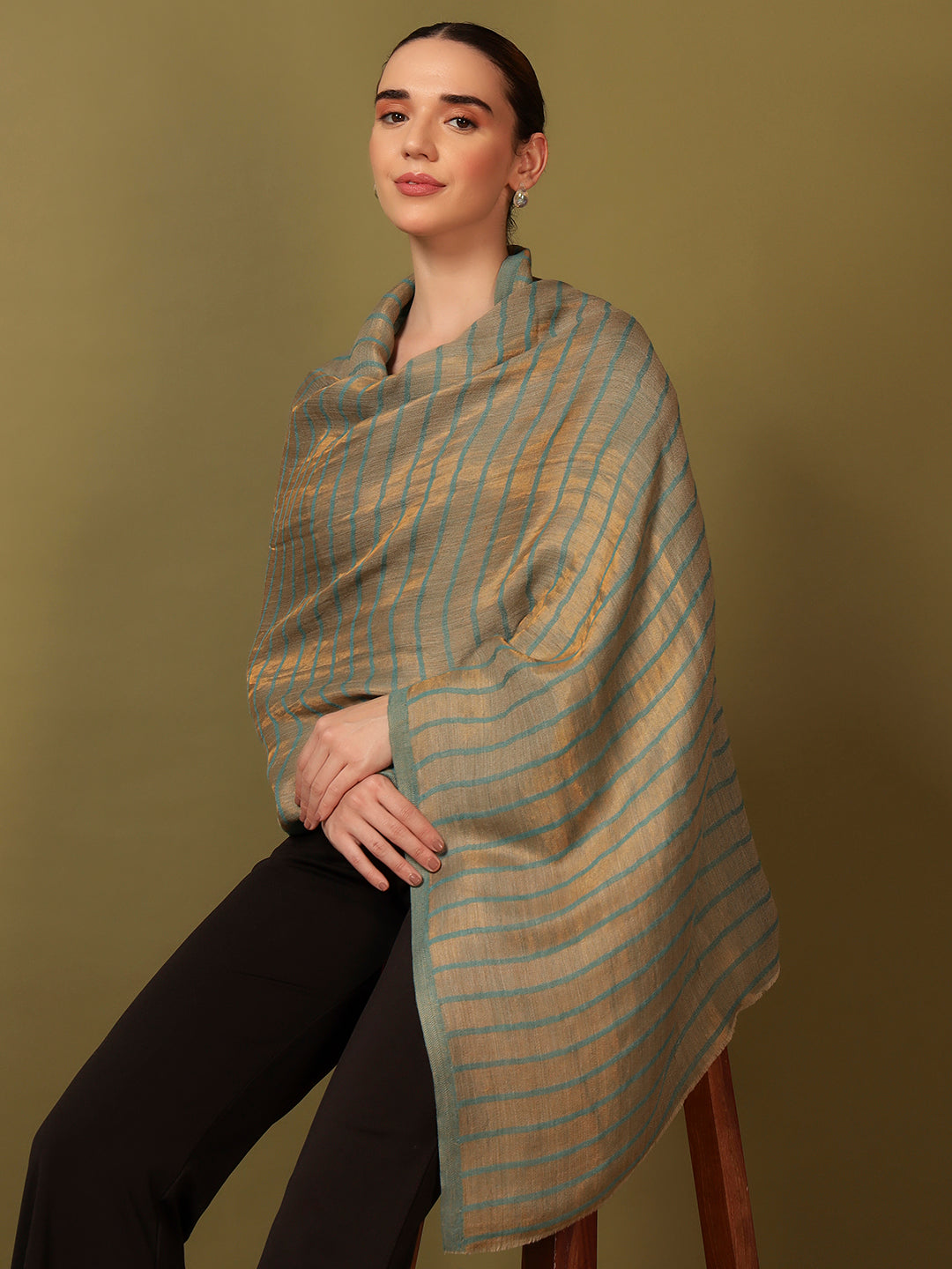 Pashmoda Women Golden Mirage Reversible Zari Moonlight Fine Wool Stole (Size: 71x203 Cm)