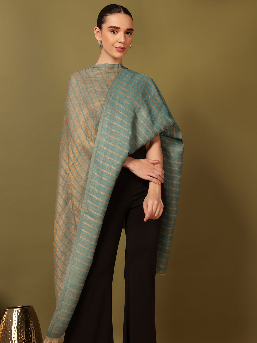 Pashmoda Women Golden Mirage Reversible Zari Moonlight Fine Wool Stole (Size: 71x203 Cm)