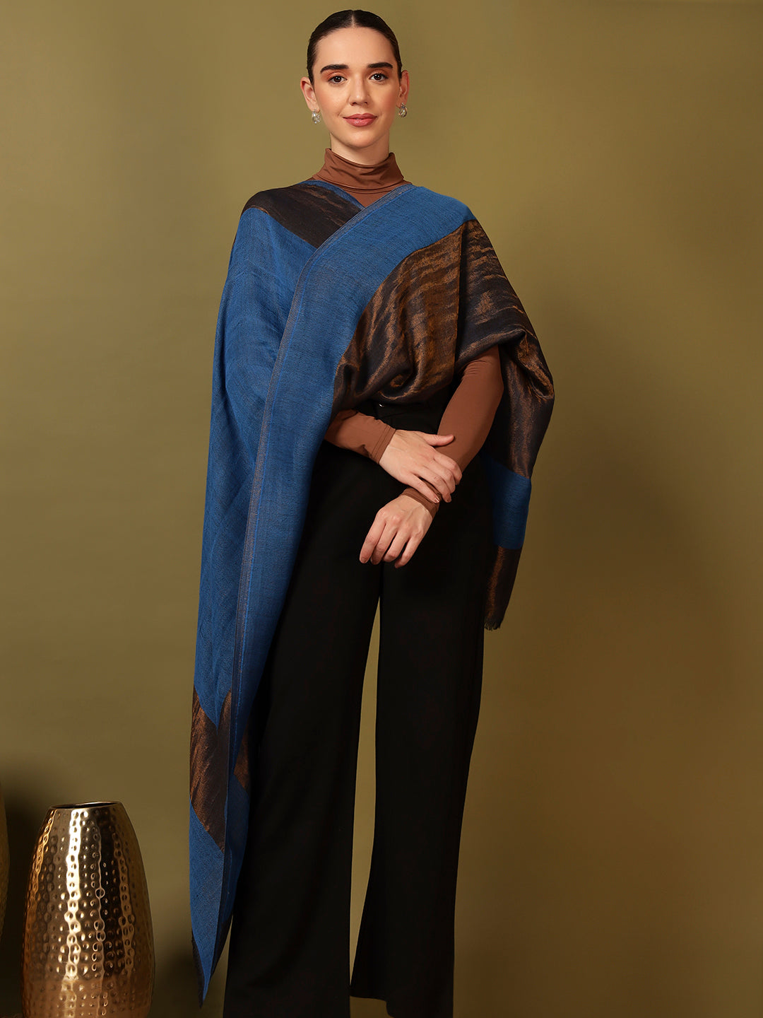 Pashmoda Women Midnight Bronze Reversible Zari Moonlight Fine Wool Stole (Size: 71x203 Cm)