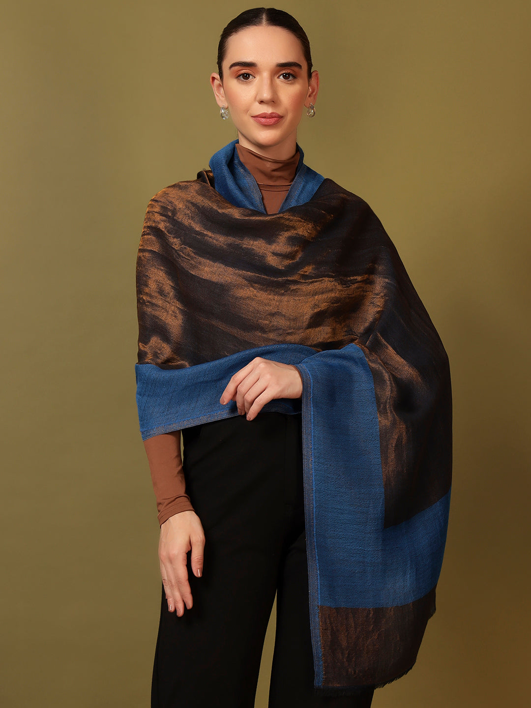 Pashmoda Women Midnight Bronze Reversible Zari Moonlight Fine Wool Stole (Size: 71x203 Cm)