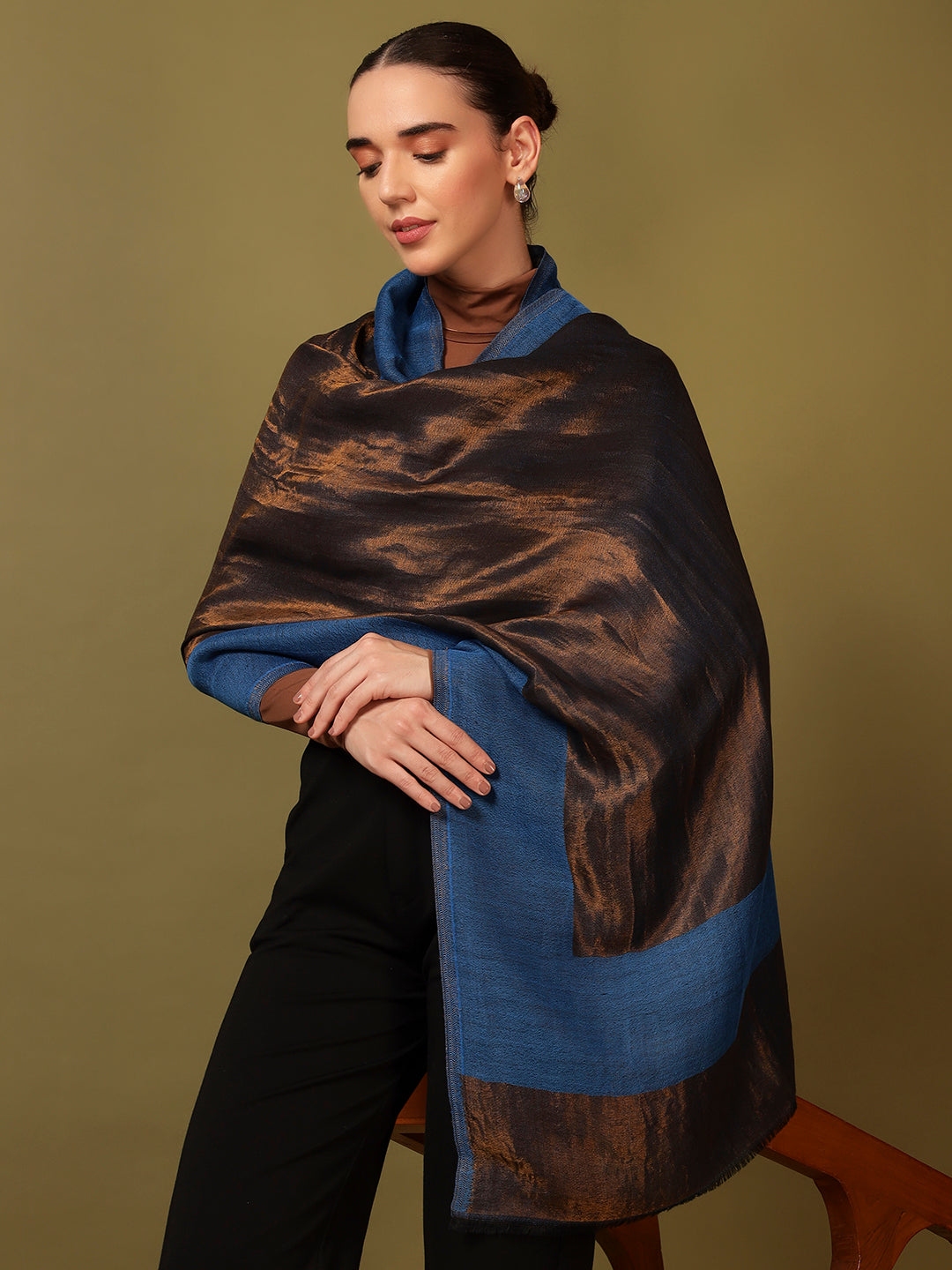 Pashmoda Women Midnight Bronze Reversible Zari Moonlight Fine Wool Stole (Size: 71x203 Cm)