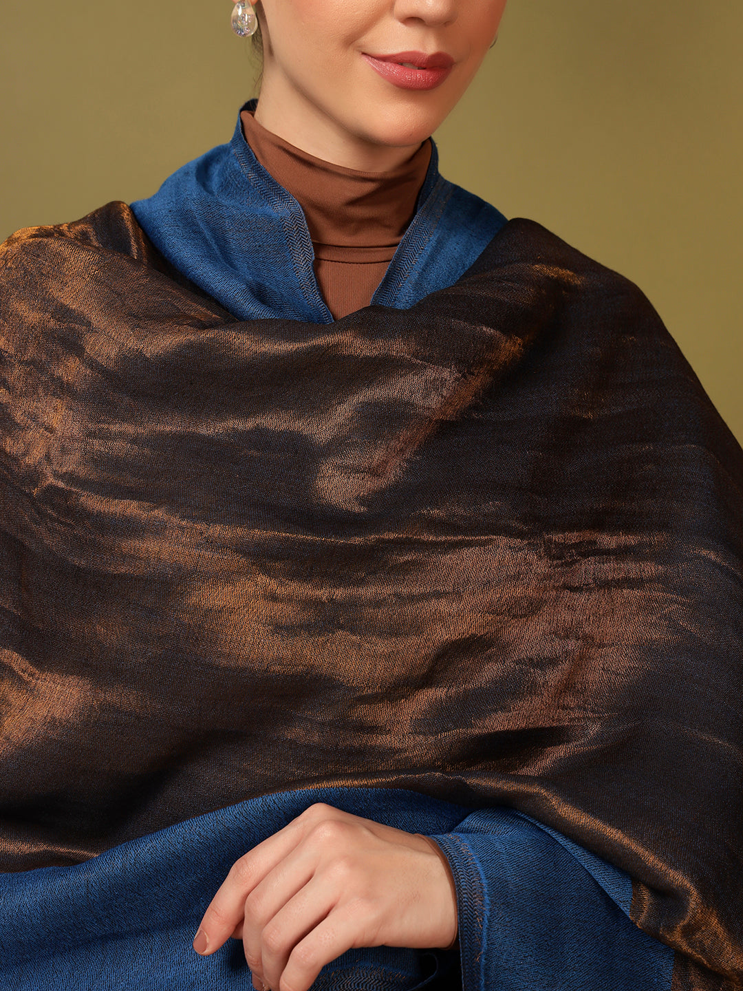 Pashmoda Women Midnight Bronze Reversible Zari Moonlight Fine Wool Stole (Size: 71x203 Cm)