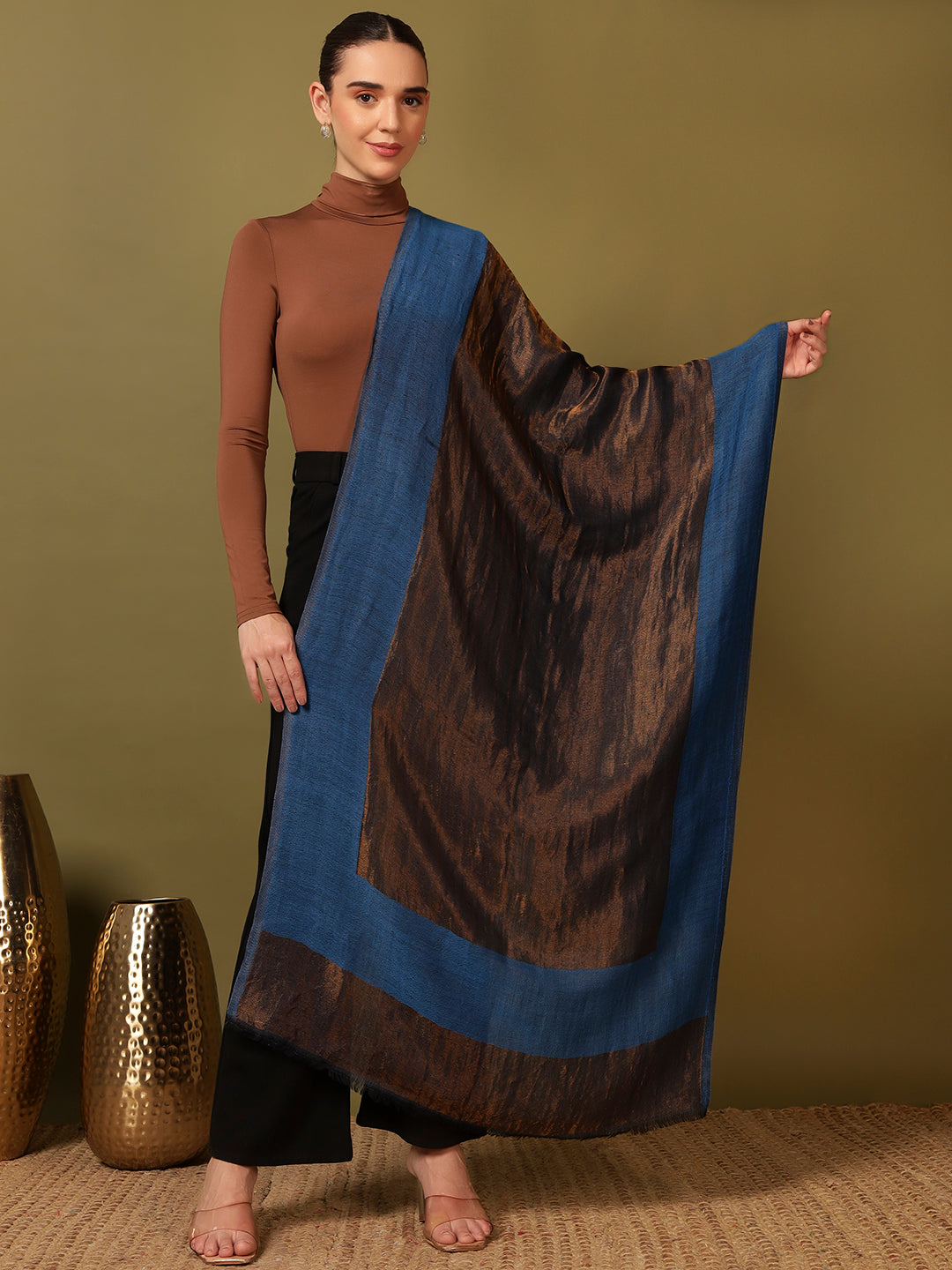 Pashmoda Women Midnight Bronze Reversible Zari Moonlight Fine Wool Stole (Size: 71x203 Cm)