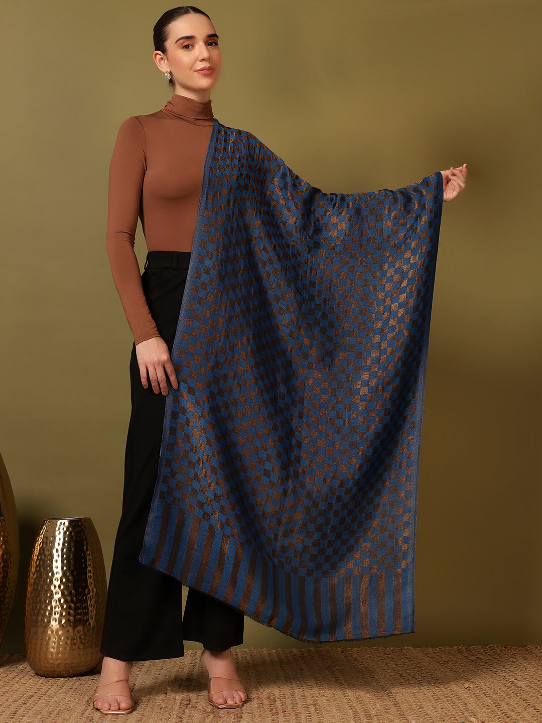 Pashmoda Women Champagne Check Reversible Zari Moonlight Fine Wool Stole (Size: 71x203 Cm)