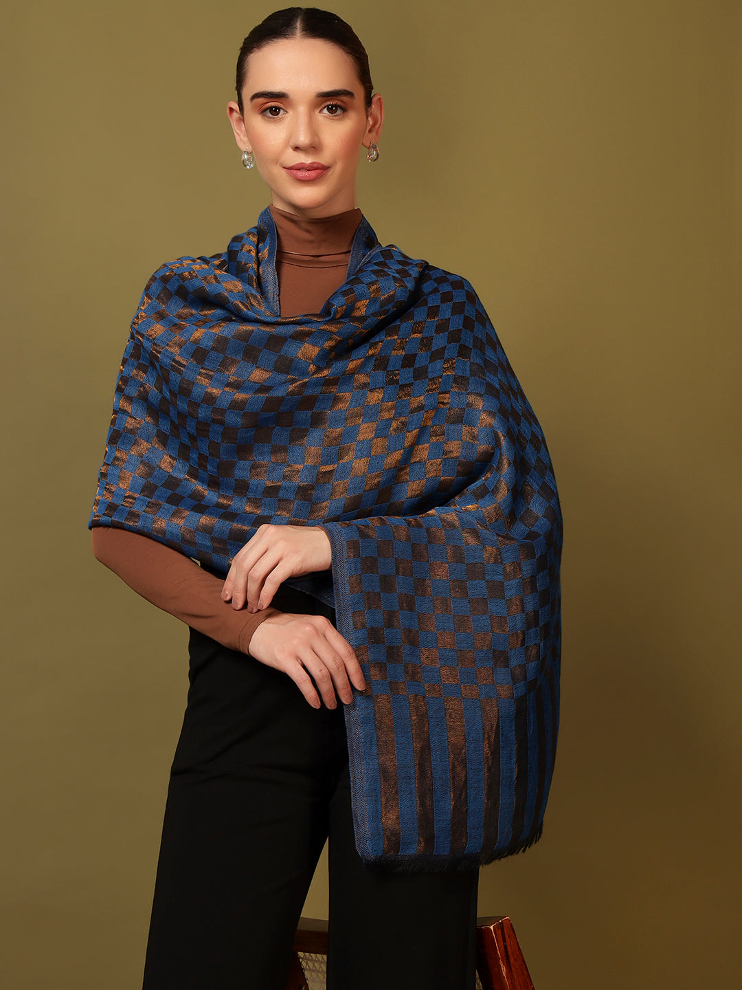 Pashmoda Women Champagne Check Reversible Zari Moonlight Fine Wool Stole (Size: 71x203 Cm)