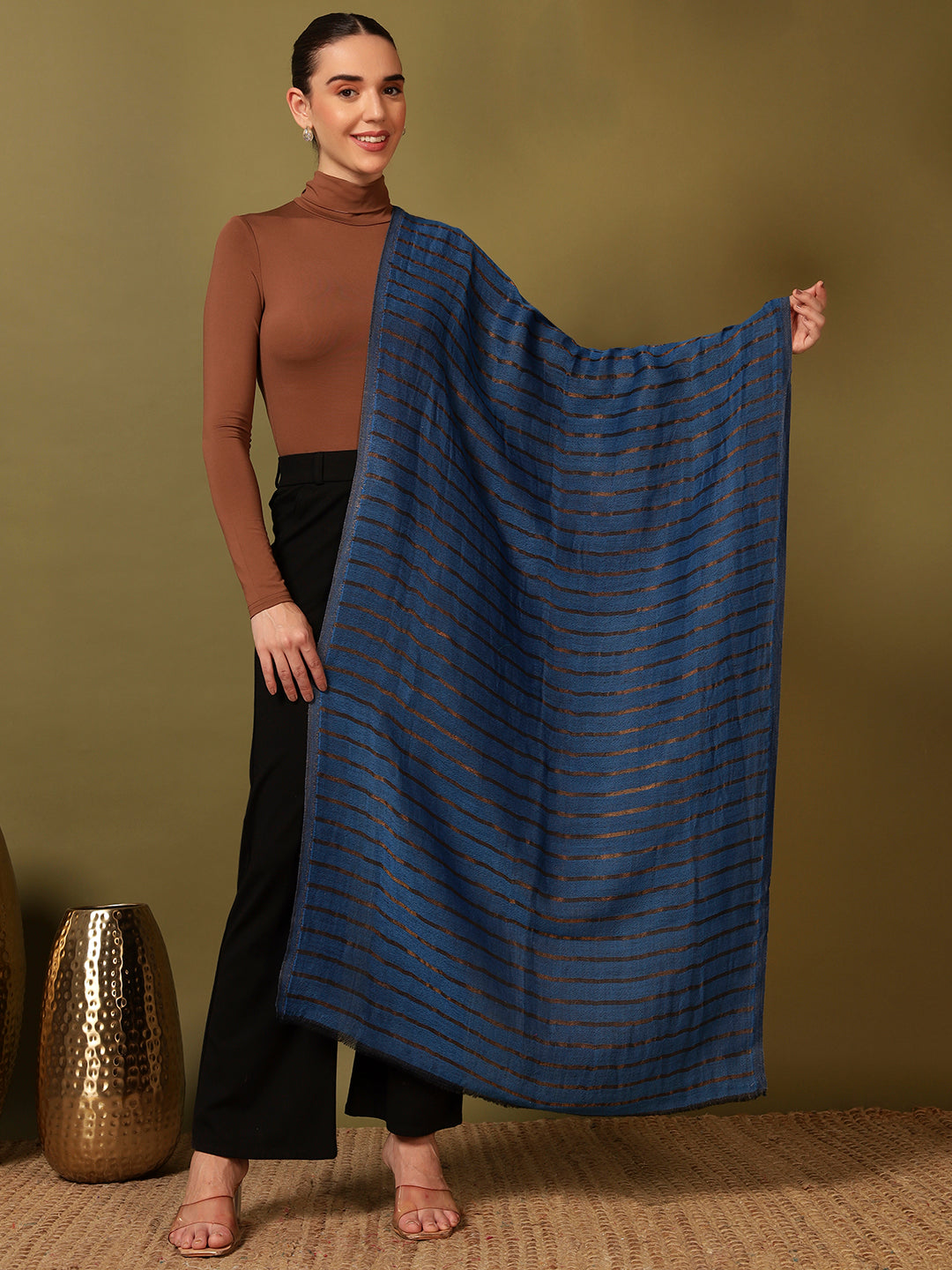 Pashmoda Women Golden Mirage Reversible Zari Moonlight Fine Wool Stole (Size: 71x203 Cm)