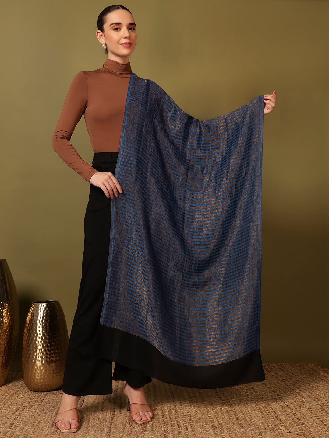 Pashmoda Women Golden Eclipse Reversible Zari Moonlight Fine Wool Stole (Size: 71x203 Cm)