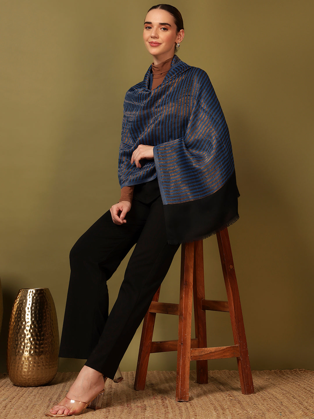 Pashmoda Women Golden Eclipse Reversible Zari Moonlight Fine Wool Stole (Size: 71x203 Cm)