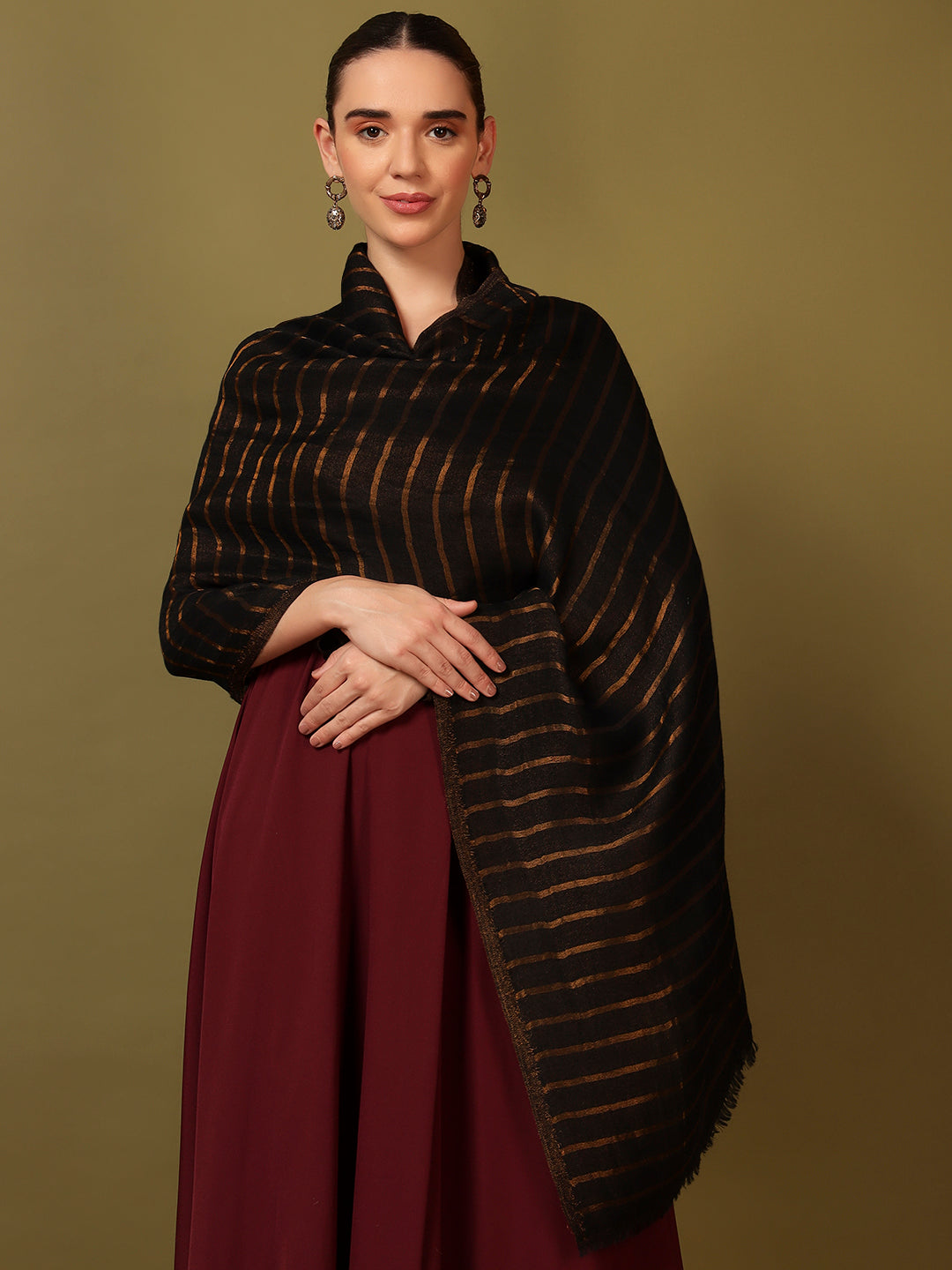 Pashmoda Women Golden Mirage Reversible Zari Moonlight Fine Wool Stole (Size: 71x203 Cm)