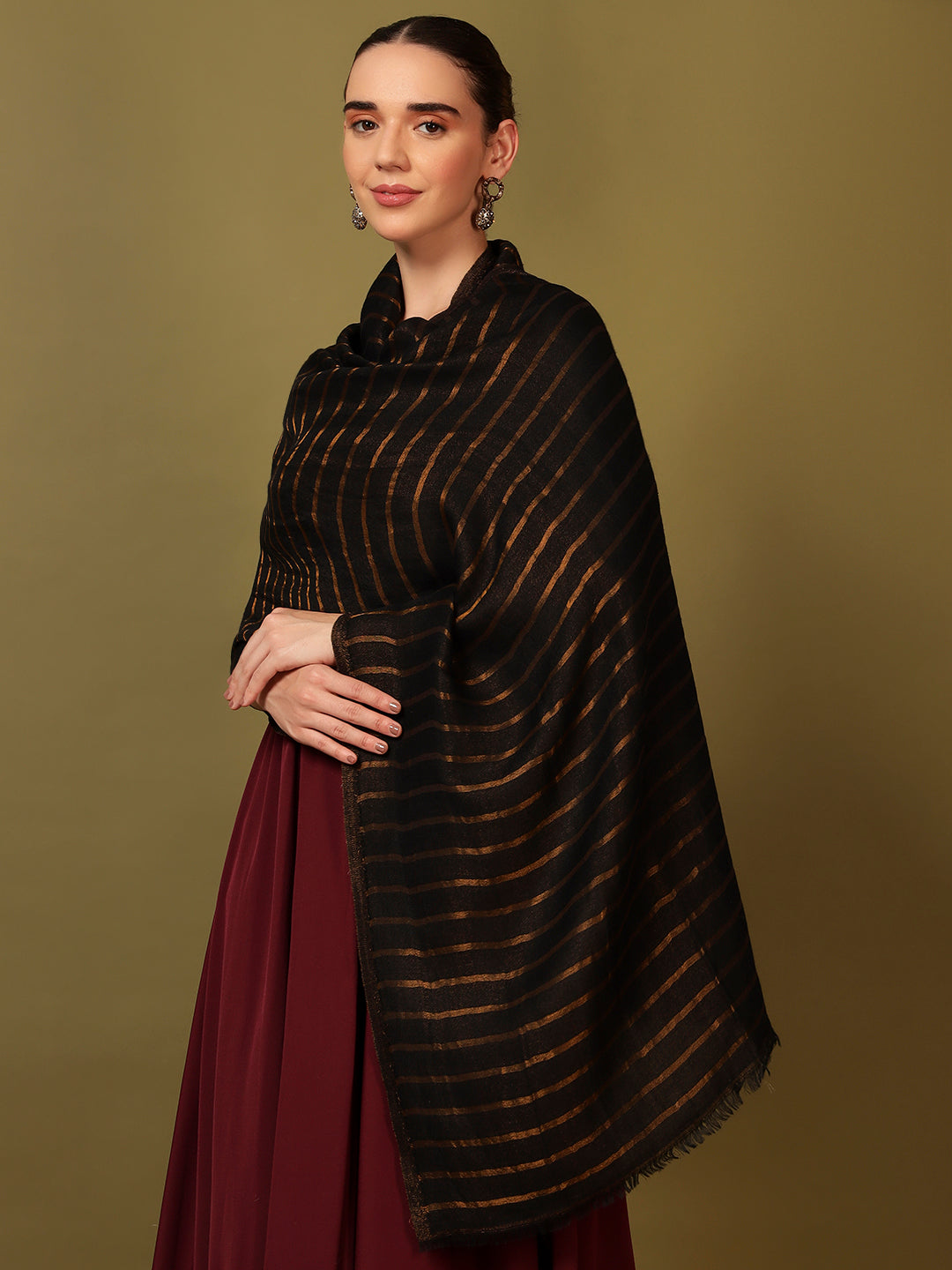 Pashmoda Women Golden Mirage Reversible Zari Moonlight Fine Wool Stole (Size: 71x203 Cm)