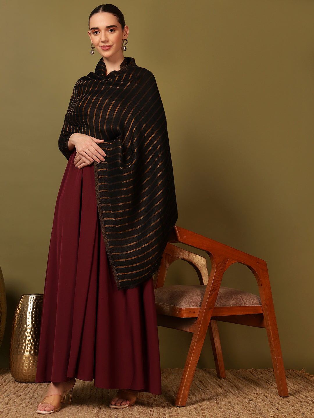 Pashmoda Women Golden Mirage Reversible Zari Moonlight Fine Wool Stole (Size: 71x203 Cm)