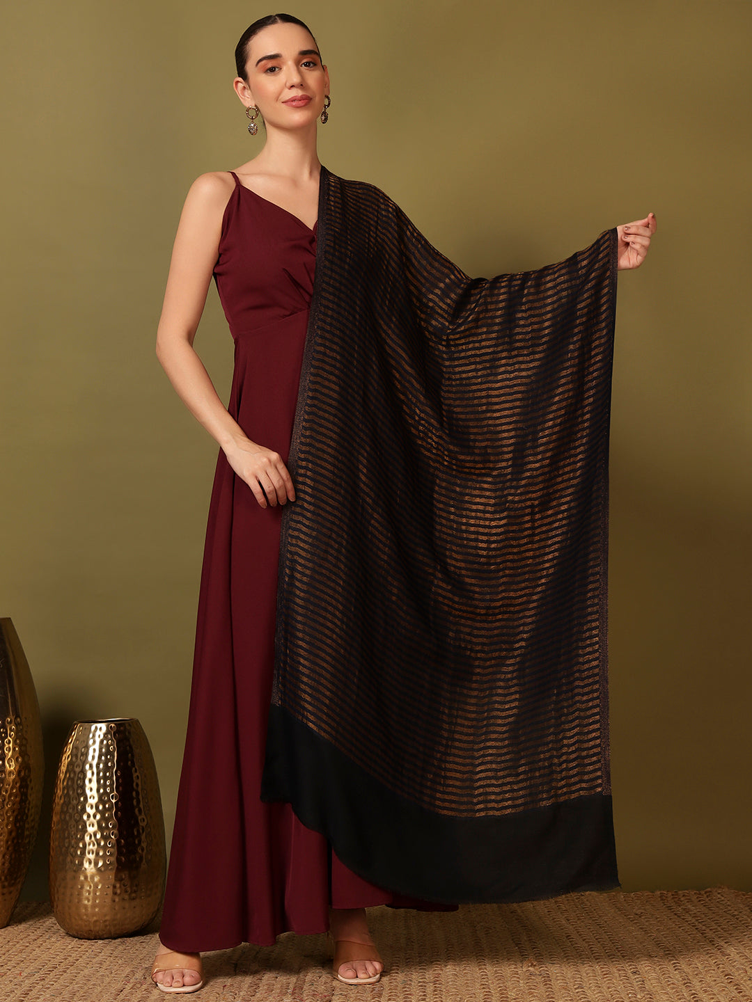 Pashmoda Women Golden Eclipse Reversible Zari Moonlight Fine Wool Stole (Size: 71x203 Cm)