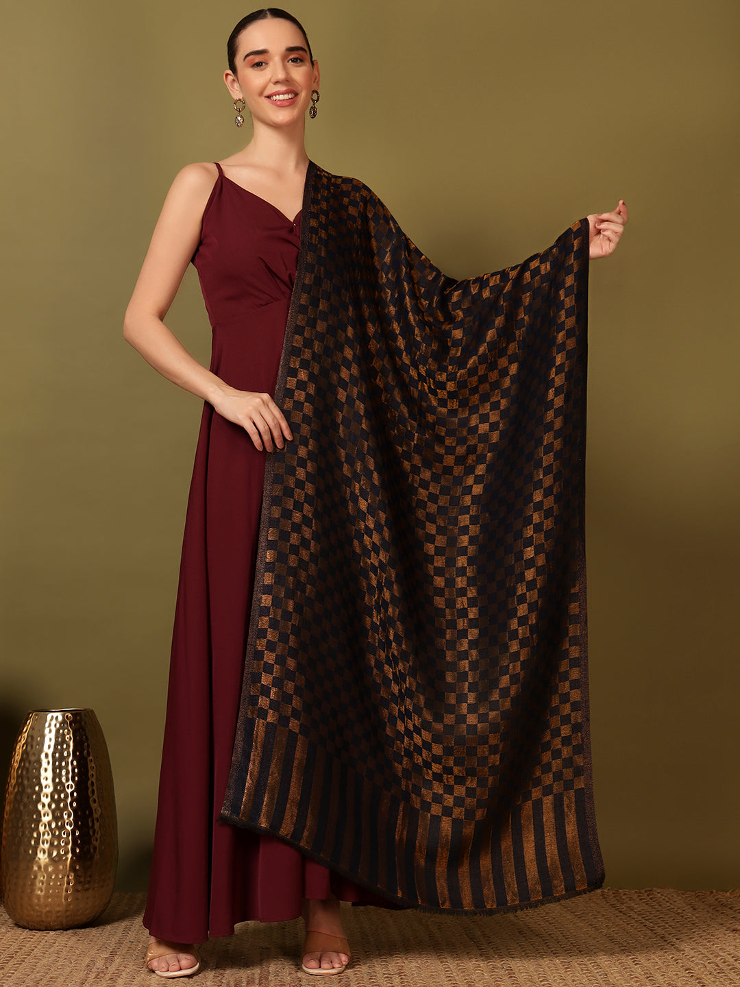 Pashmoda Women Champagne Check Reversible Zari Moonlight Fine Wool Stole (Size: 71x203 Cm)