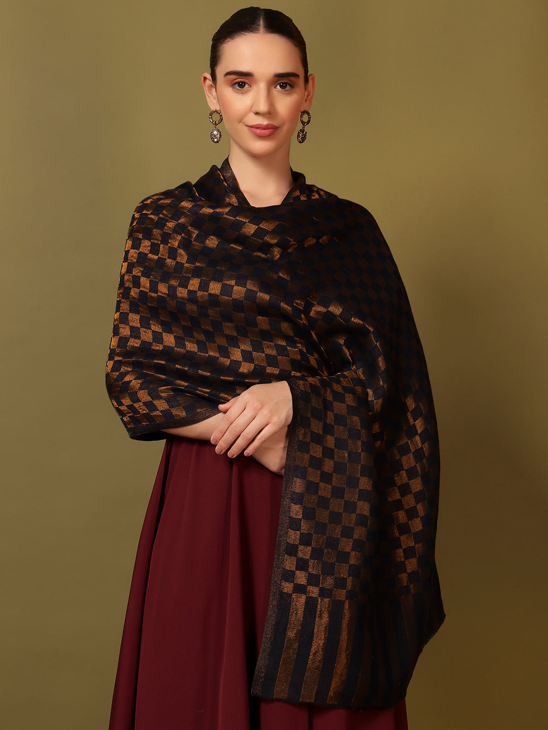 Pashmoda Women Champagne Check Reversible Zari Moonlight Fine Wool Stole (Size: 71x203 Cm)