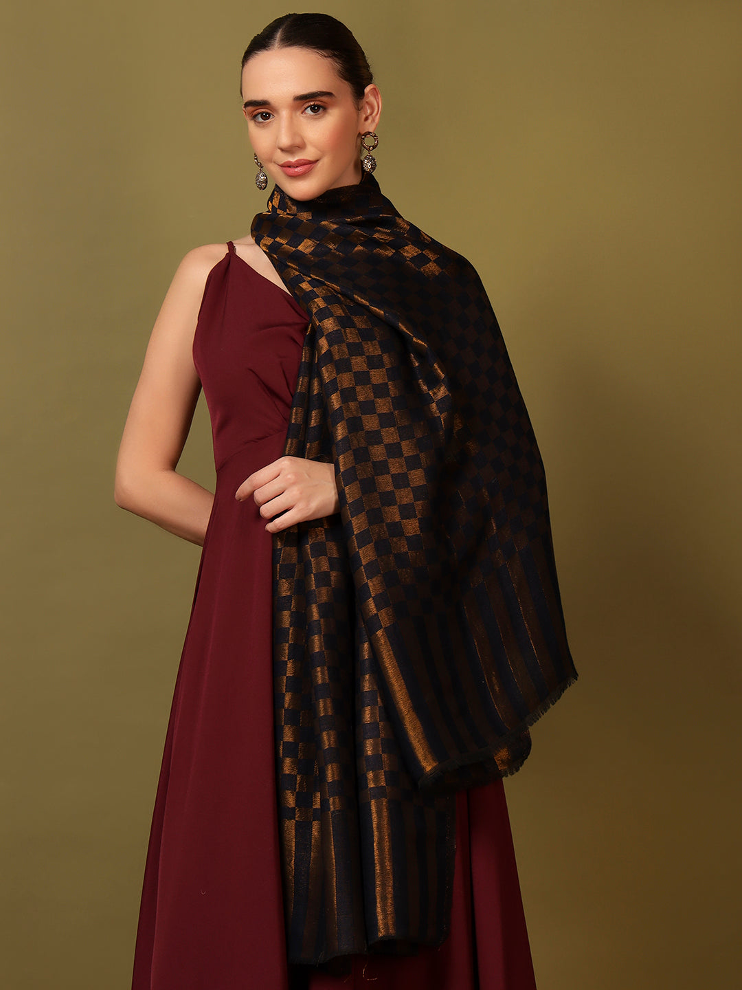 Pashmoda Women Champagne Check Reversible Zari Moonlight Fine Wool Stole (Size: 71x203 Cm)