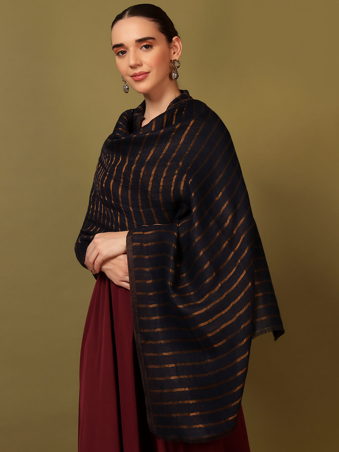 Pashmoda Women Golden Mirage Reversible Zari Moonlight Fine Wool Stole (Size: 71x203 Cm)