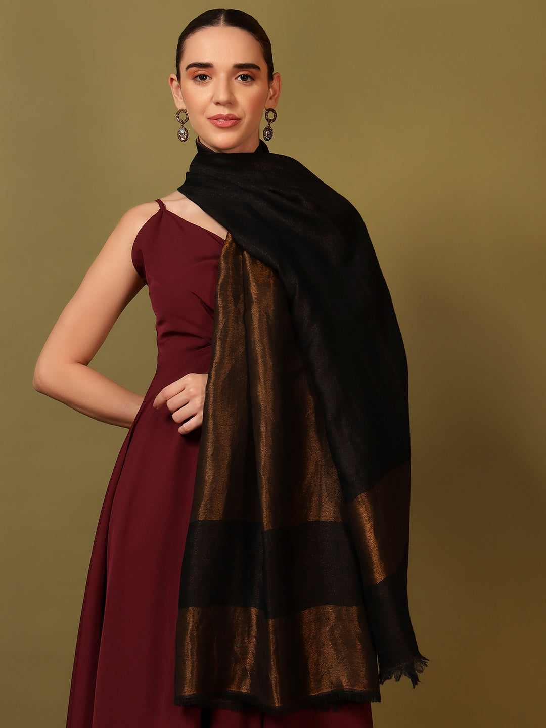 Pashmoda Women Midnight Bronze Reversible Zari Moonlight Fine Wool Stole (Size: 71x203 Cm)
