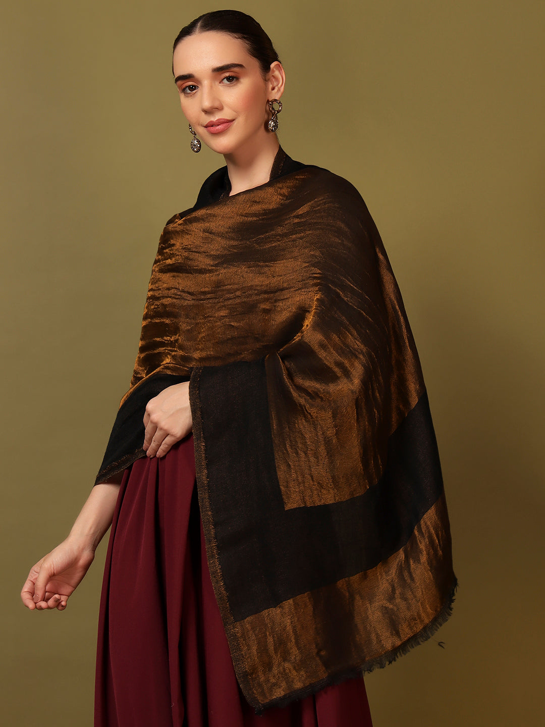 Pashmoda Women Midnight Bronze Reversible Zari Moonlight Fine Wool Stole (Size: 71x203 Cm)
