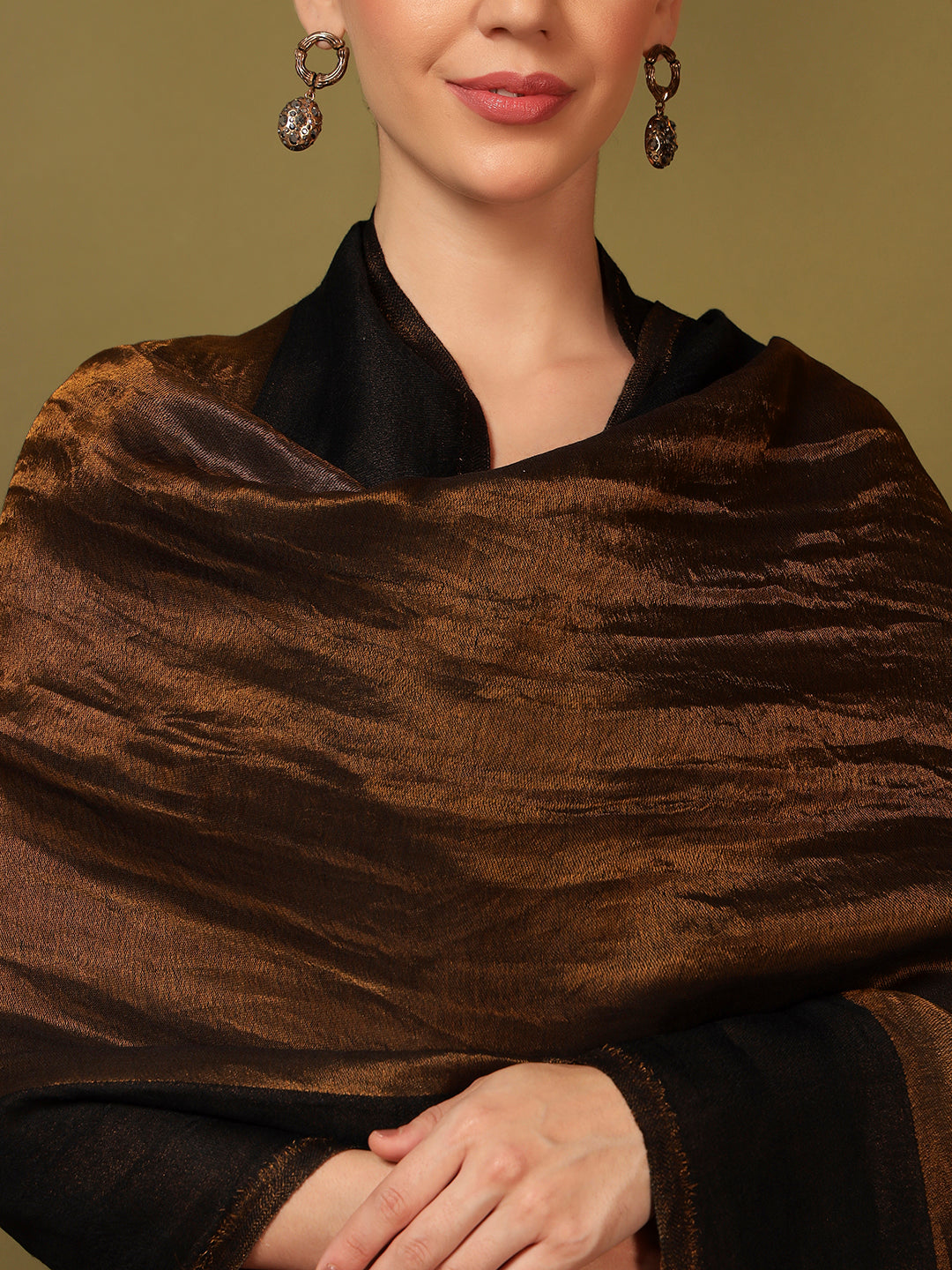 Pashmoda Women Midnight Bronze Reversible Zari Moonlight Fine Wool Stole (Size: 71x203 Cm)
