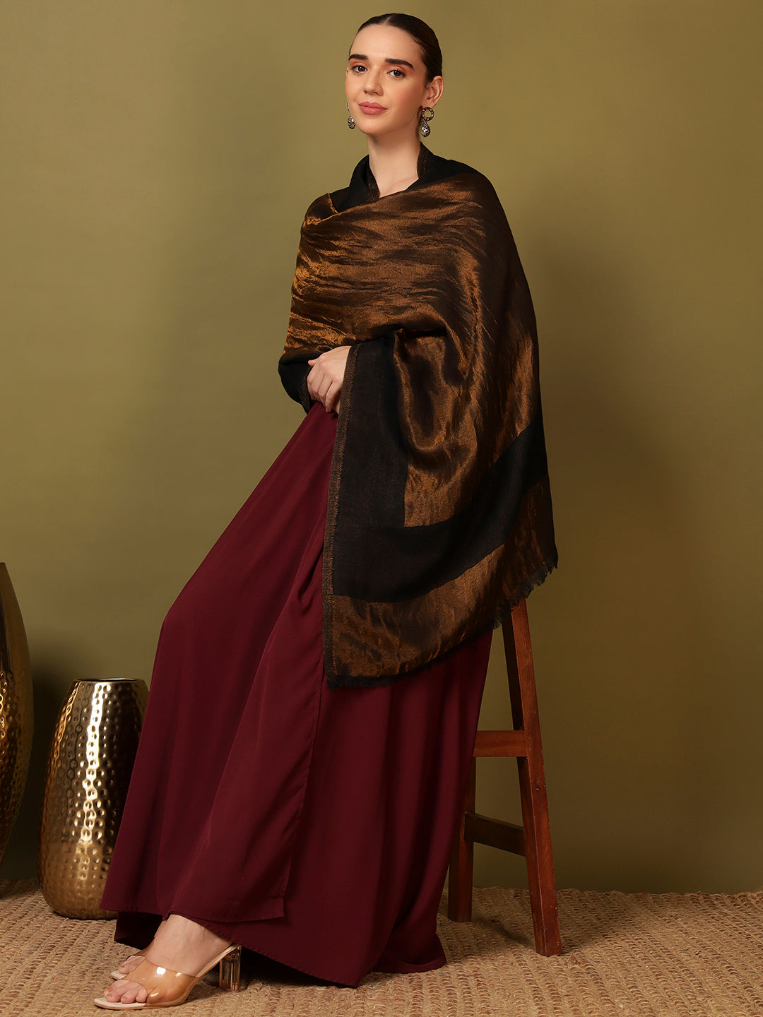 Pashmoda Women Midnight Bronze Reversible Zari Moonlight Fine Wool Stole (Size: 71x203 Cm)