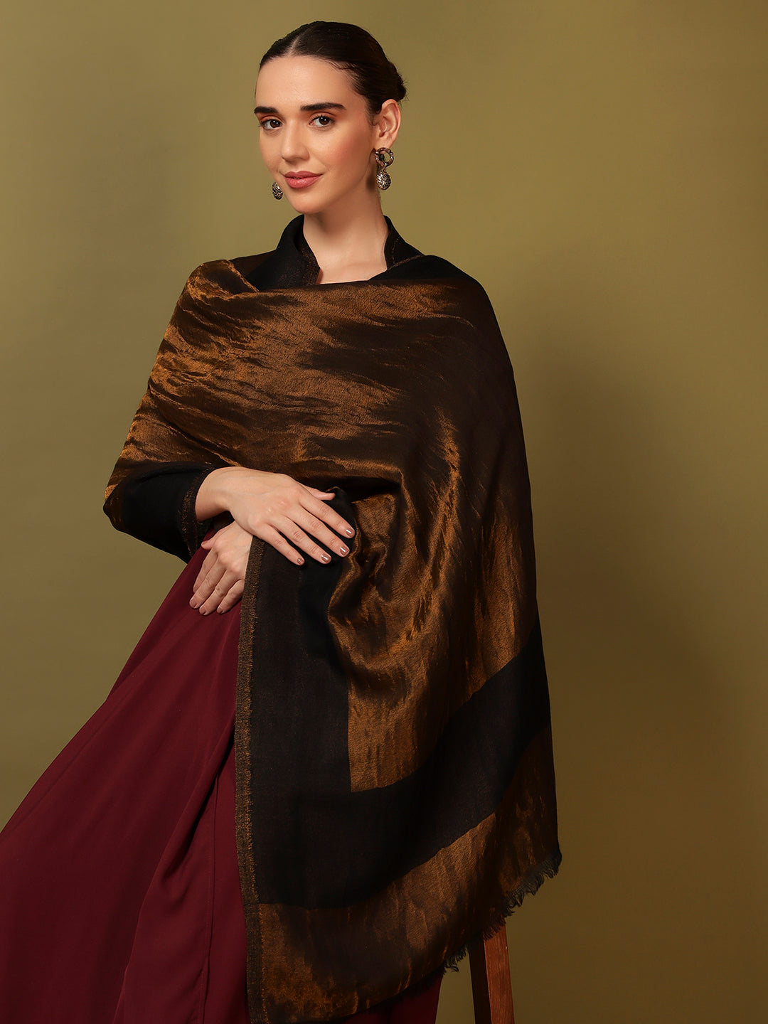 Pashmoda Women Midnight Bronze Reversible Zari Moonlight Fine Wool Stole (Size: 71x203 Cm)