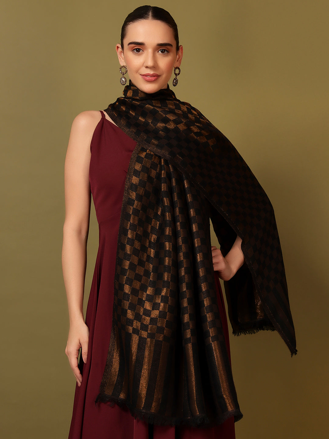 Pashmoda Women Champagne Check Reversible Zari Moonlight Fine Wool Stole (Size: 71x203 Cm)