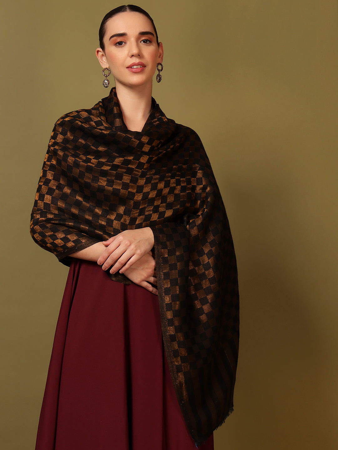 Pashmoda Women Champagne Check Reversible Zari Moonlight Fine Wool Stole (Size: 71x203 Cm)