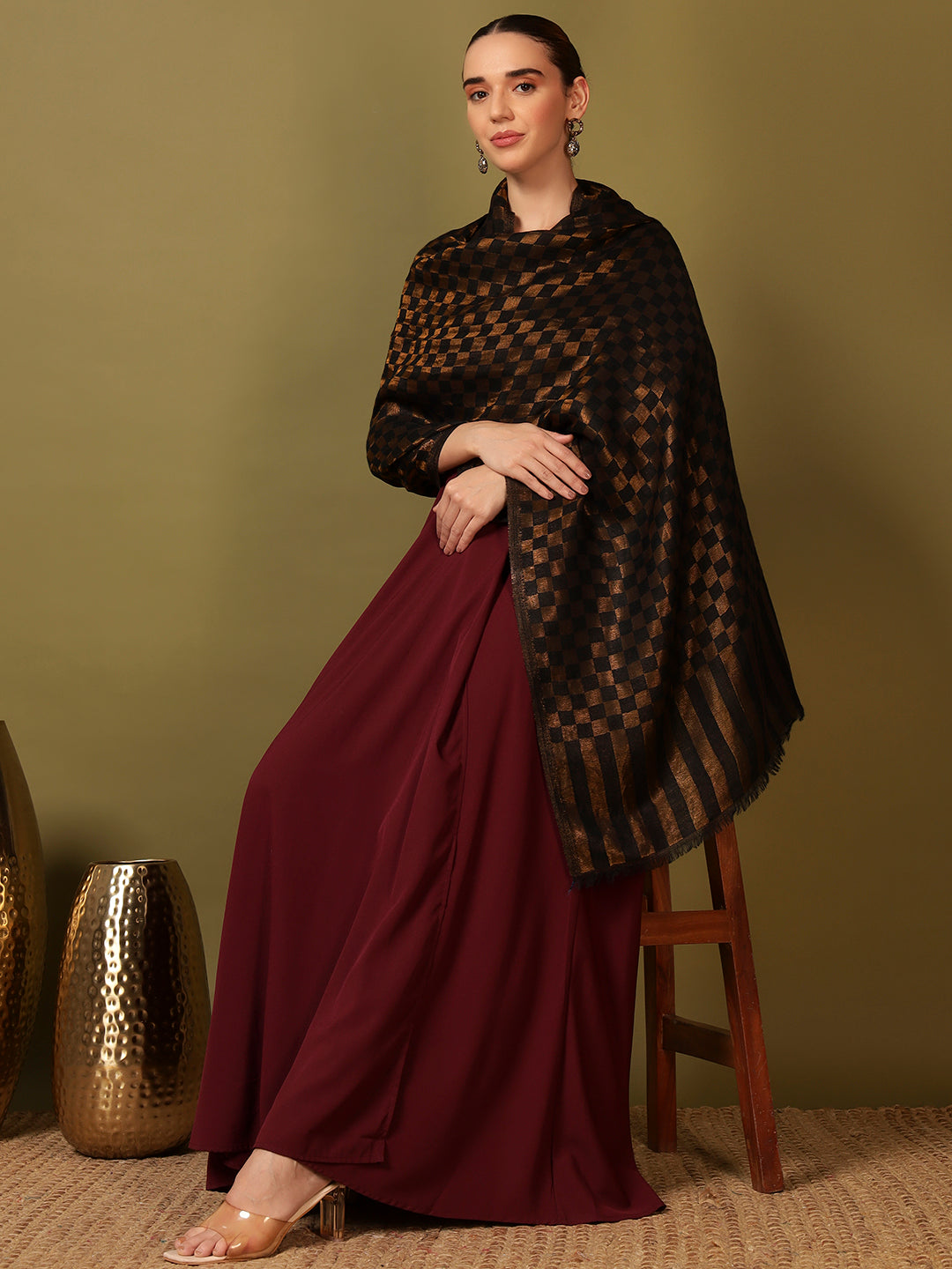 Pashmoda Women Champagne Check Reversible Zari Moonlight Fine Wool Stole (Size: 71x203 Cm)