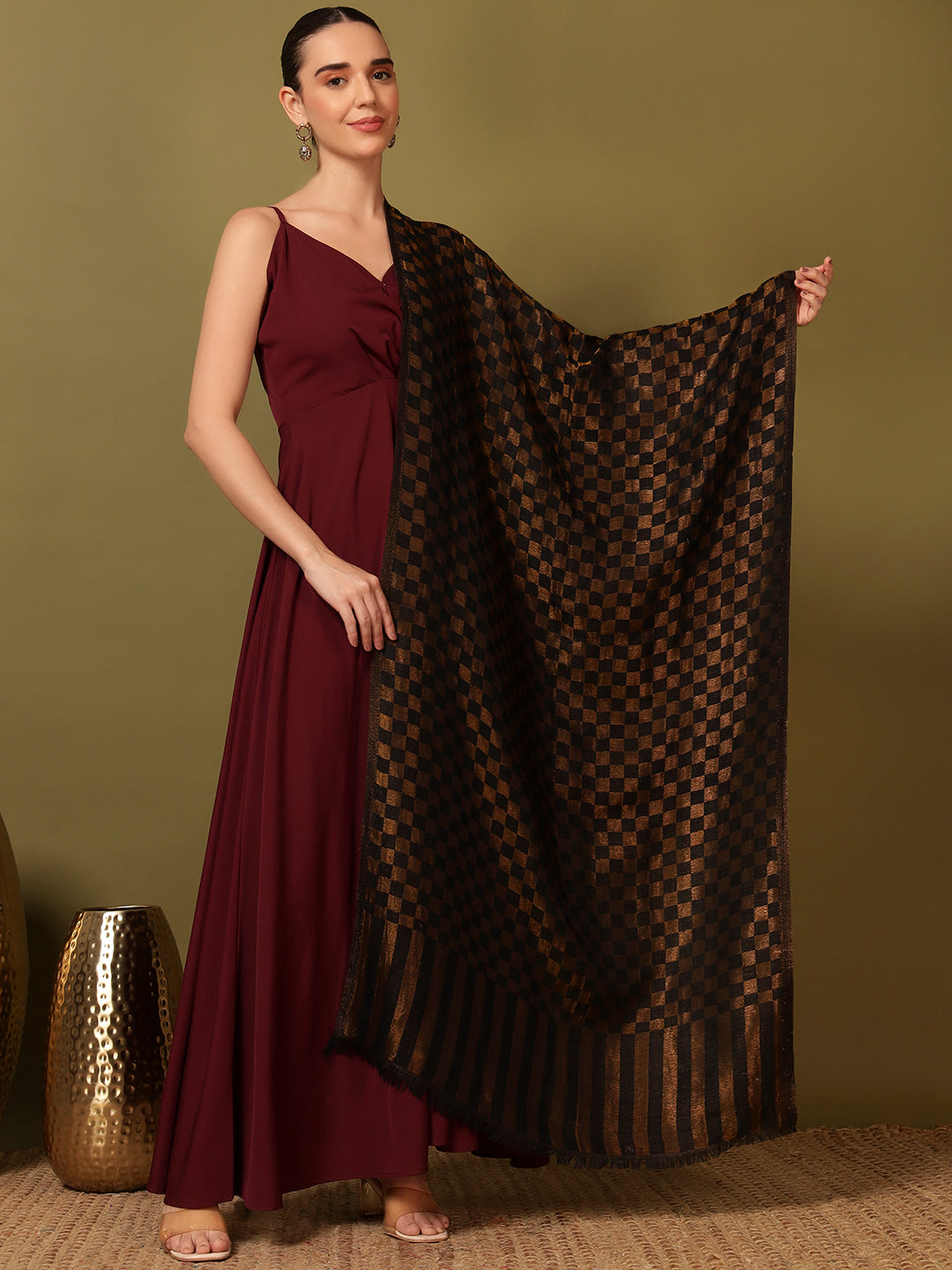 Pashmoda Women Champagne Check Reversible Zari Moonlight Fine Wool Stole (Size: 71x203 Cm)