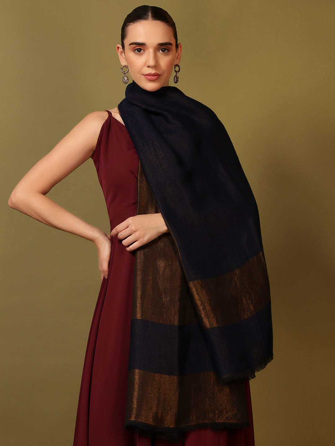 Pashmoda Women Midnight Bronze Reversible Zari Moonlight Fine Wool Stole (Size: 71x203 Cm)