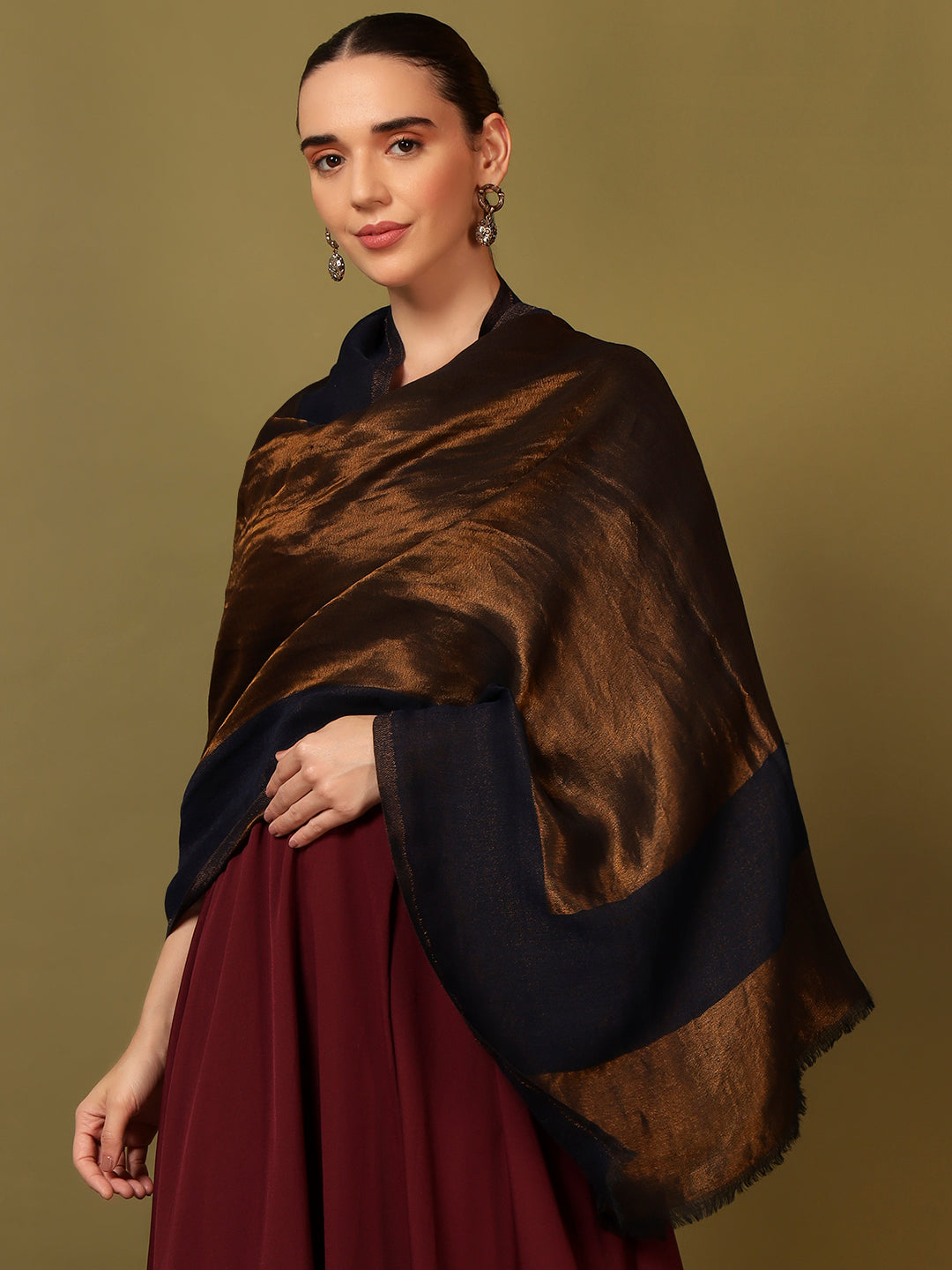 Pashmoda Women Midnight Bronze Reversible Zari Moonlight Fine Wool Stole (Size: 71x203 Cm)