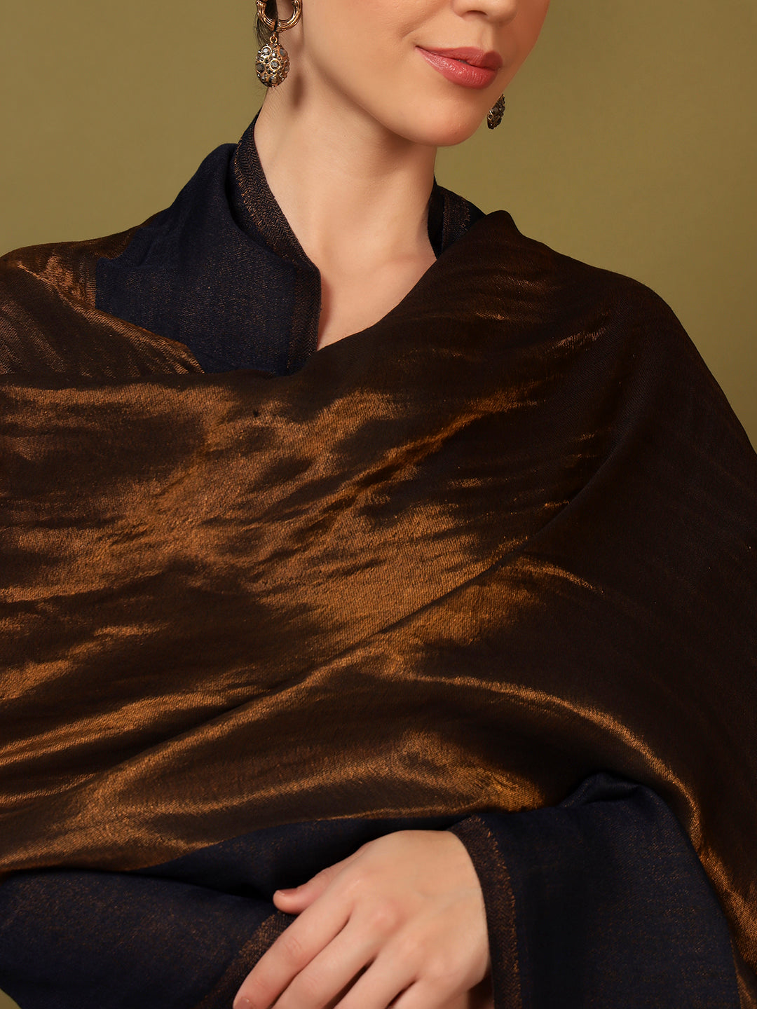 Pashmoda Women Midnight Bronze Reversible Zari Moonlight Fine Wool Stole (Size: 71x203 Cm)