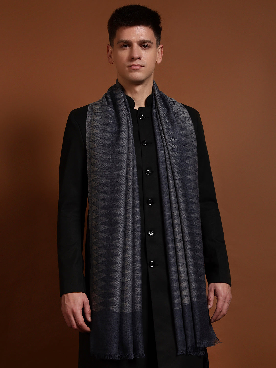 Pashmoda Men 100% Pure Wool Checkered Ikat Stole, Natural & Sustainable Shawl Wrap, Heritage Kashmiri Pashmina Style, Blue2 Colour (28 x 80 Inches)