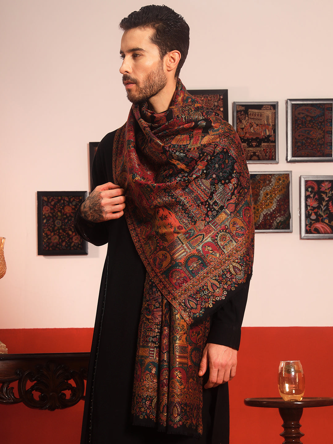 His and Her Gift Set of Zari Kaani Shawl and 100% Pure Wool Sozni Embroidered Shawl With Wooden Gift Box