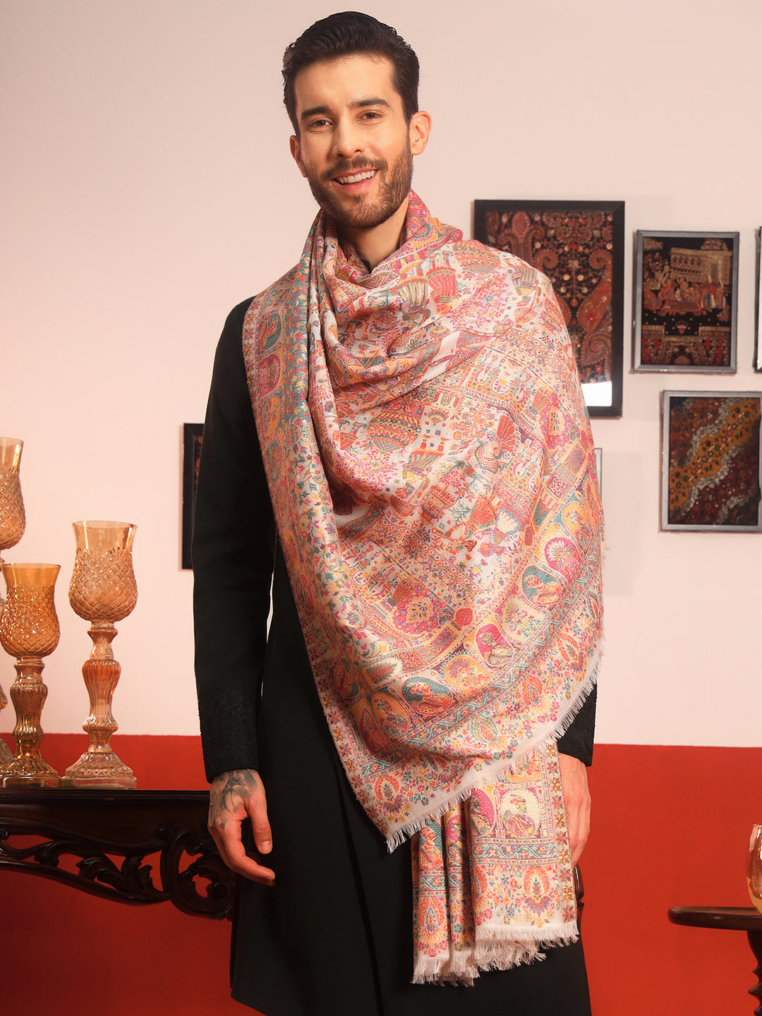 His and Her Gift Set of Zari Kaani Shawl and Embroidered Stole With Wooden Gift Box