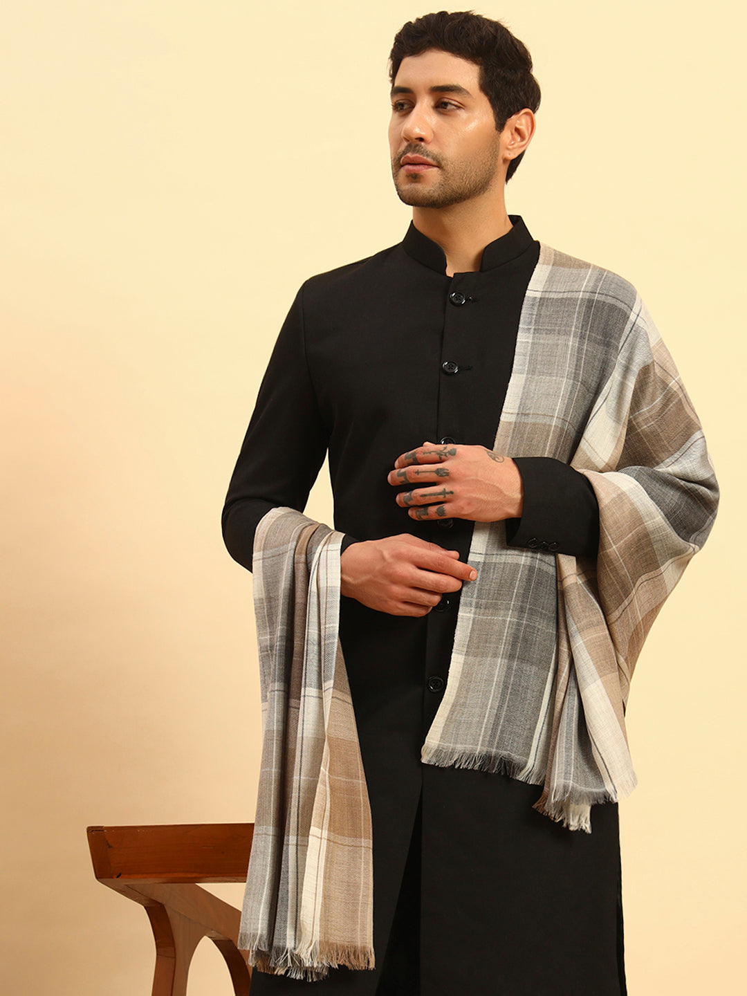 Pashmoda Men Moderen Tartan Woollen Checkered Stole (Size :71X203cm)