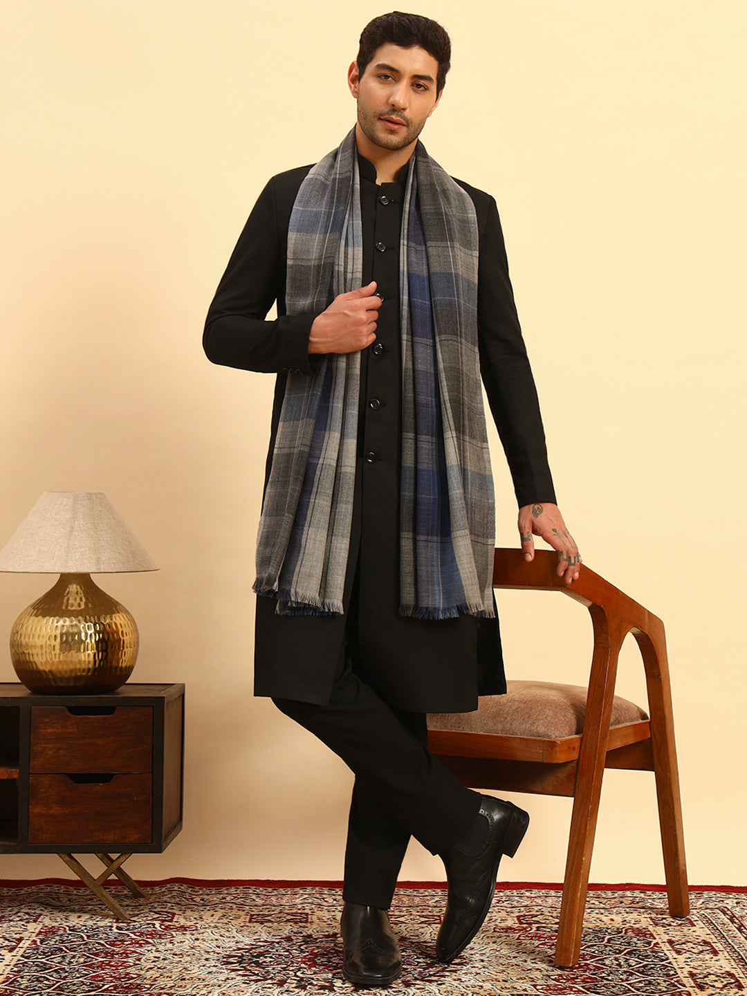 Pashmoda Men Moderen Tartan 100% Pure Wool Checkered Stole (Size :71X203cm)