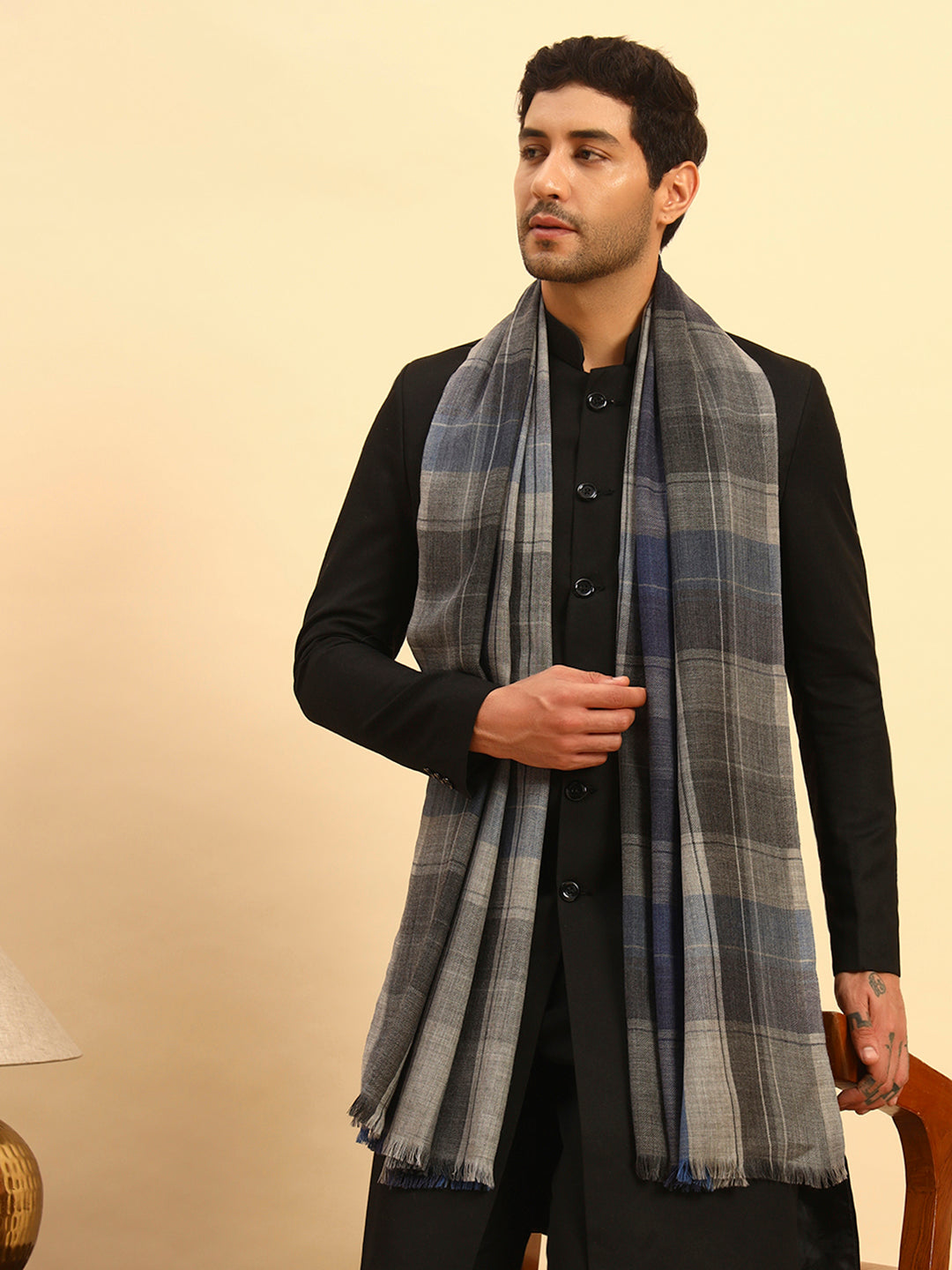 Pashmoda Men Moderen Tartan 100% Pure Wool Checkered Stole (Size :71X203cm)