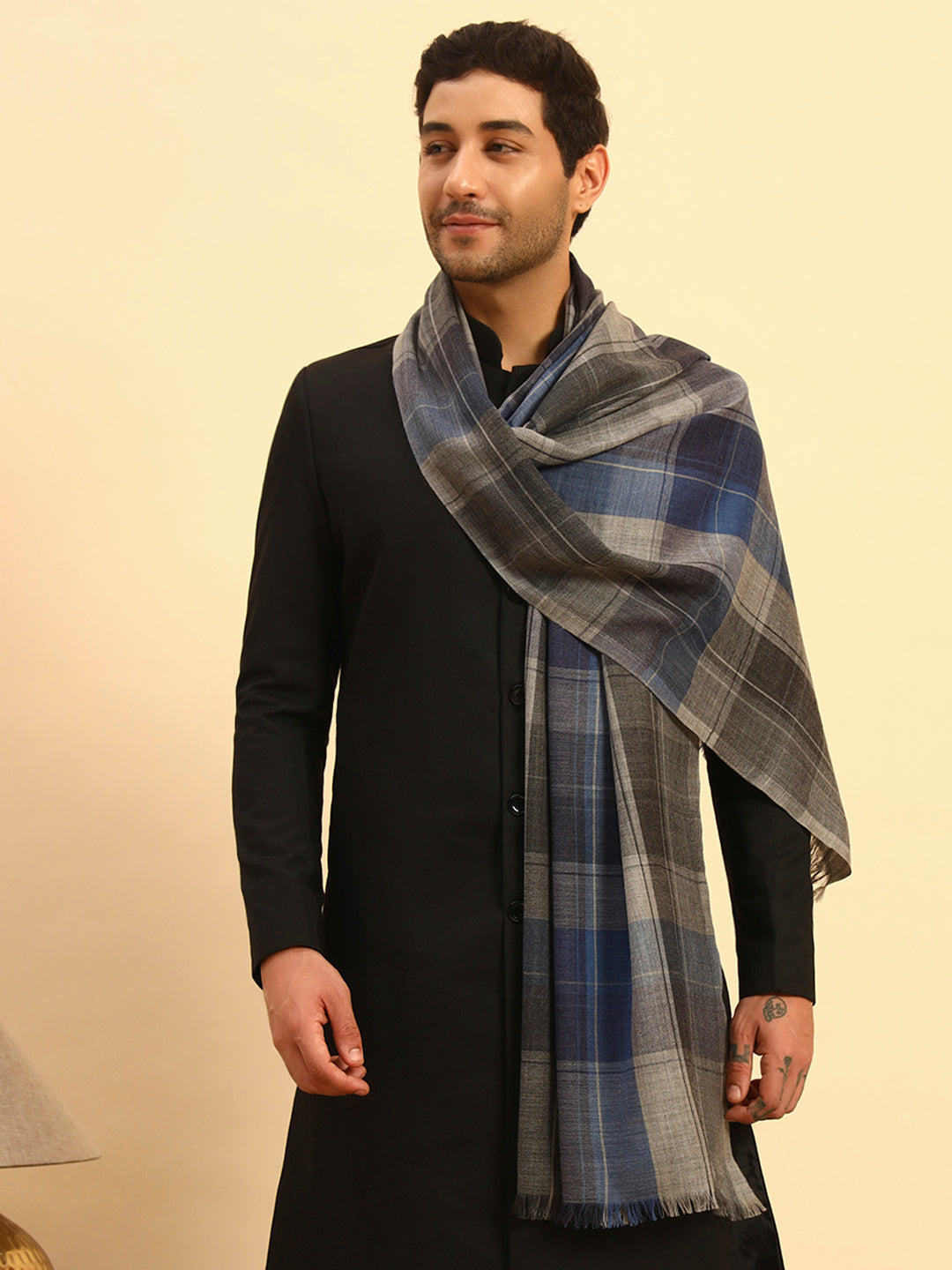 Pashmoda Men Moderen Tartan 100% Pure Wool Checkered Stole (Size :71X203cm)