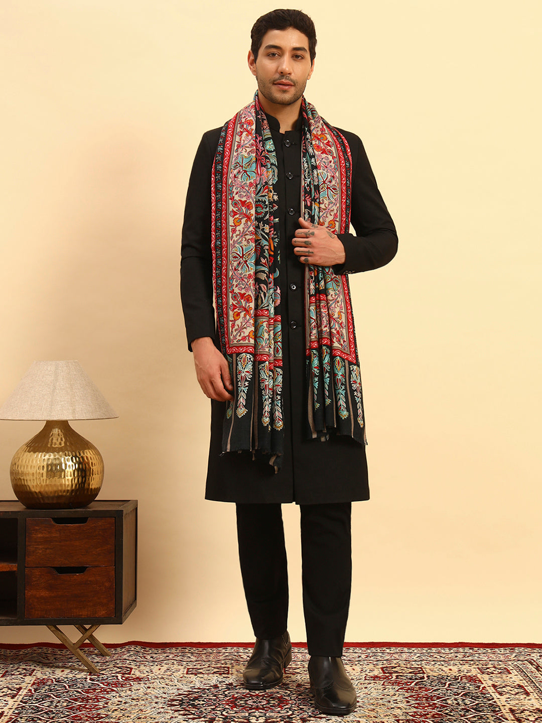 Pashmoda Men Rangkalam 100% Pure Wool Fabric Kalamkari Embroidered Shawl (Size: 101x203 CM)