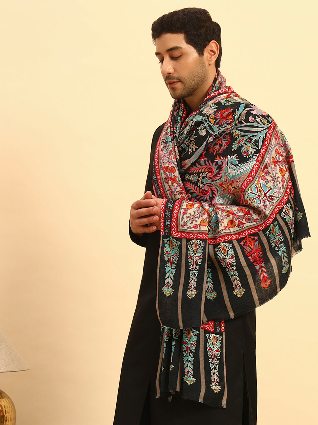 Pashmoda Men Rangkalam 100% Pure Wool Fabric Kalamkari Embroidered Shawl (Size: 101x203 CM)