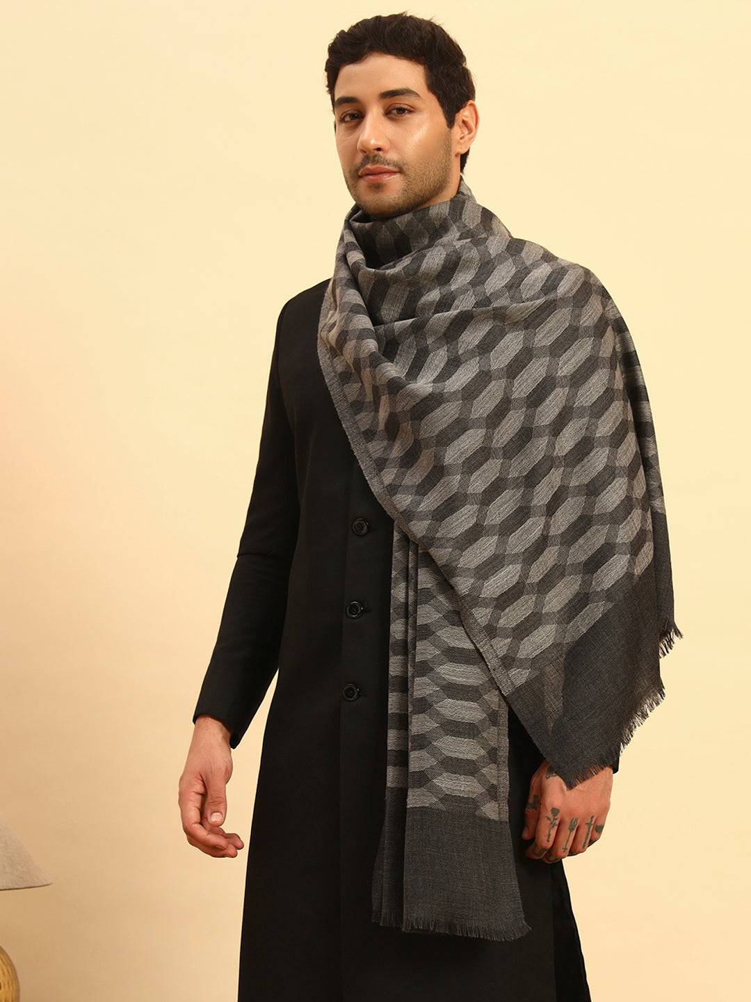 Pashmoda Men Kavya Ikat 100% Pure Wool Checkered Stole (Size :71X203cm)