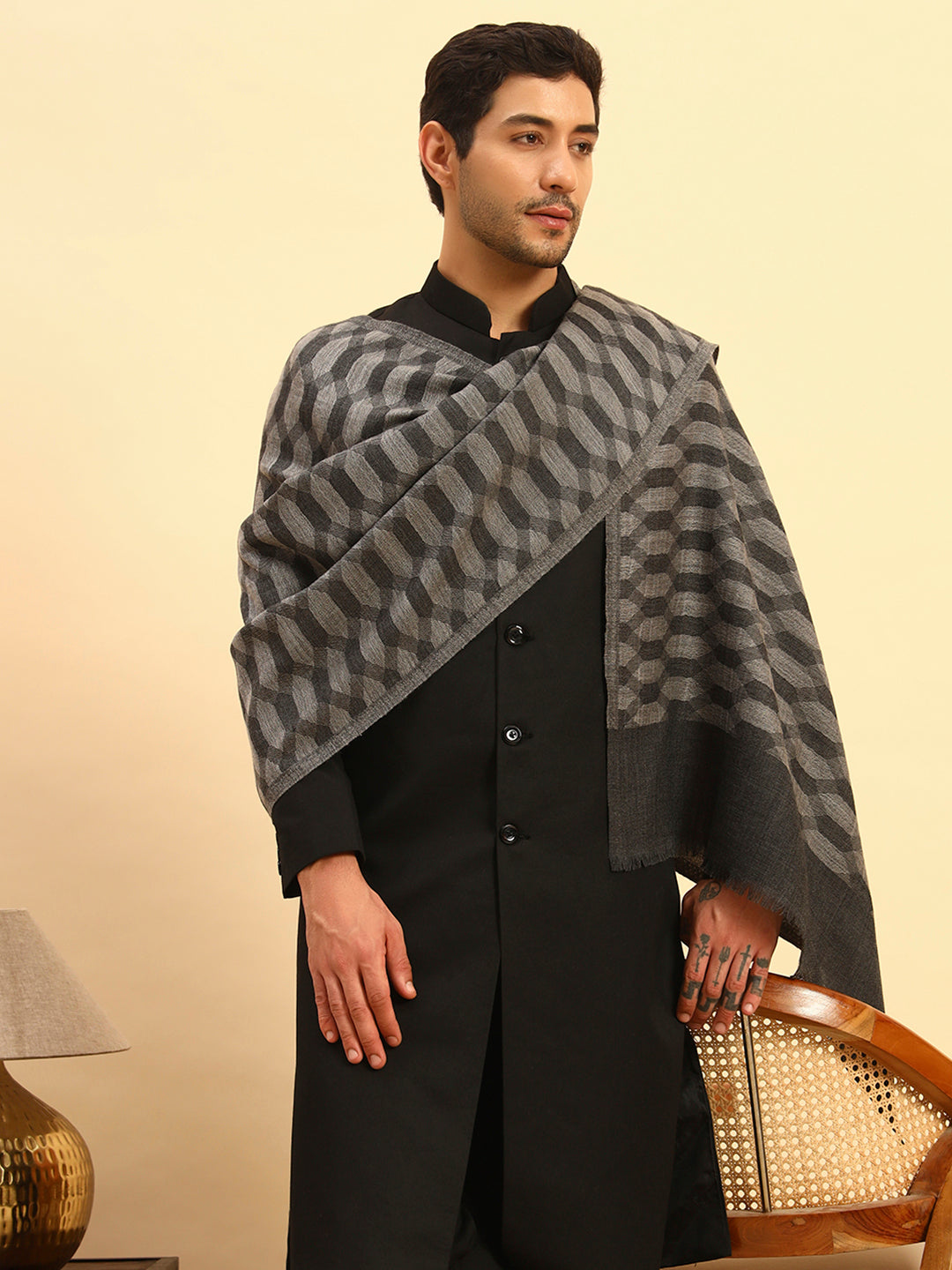 Pashmoda Men Ananta Ikat 100% Pure Wool Checkered Stole (Size :71X203cm)