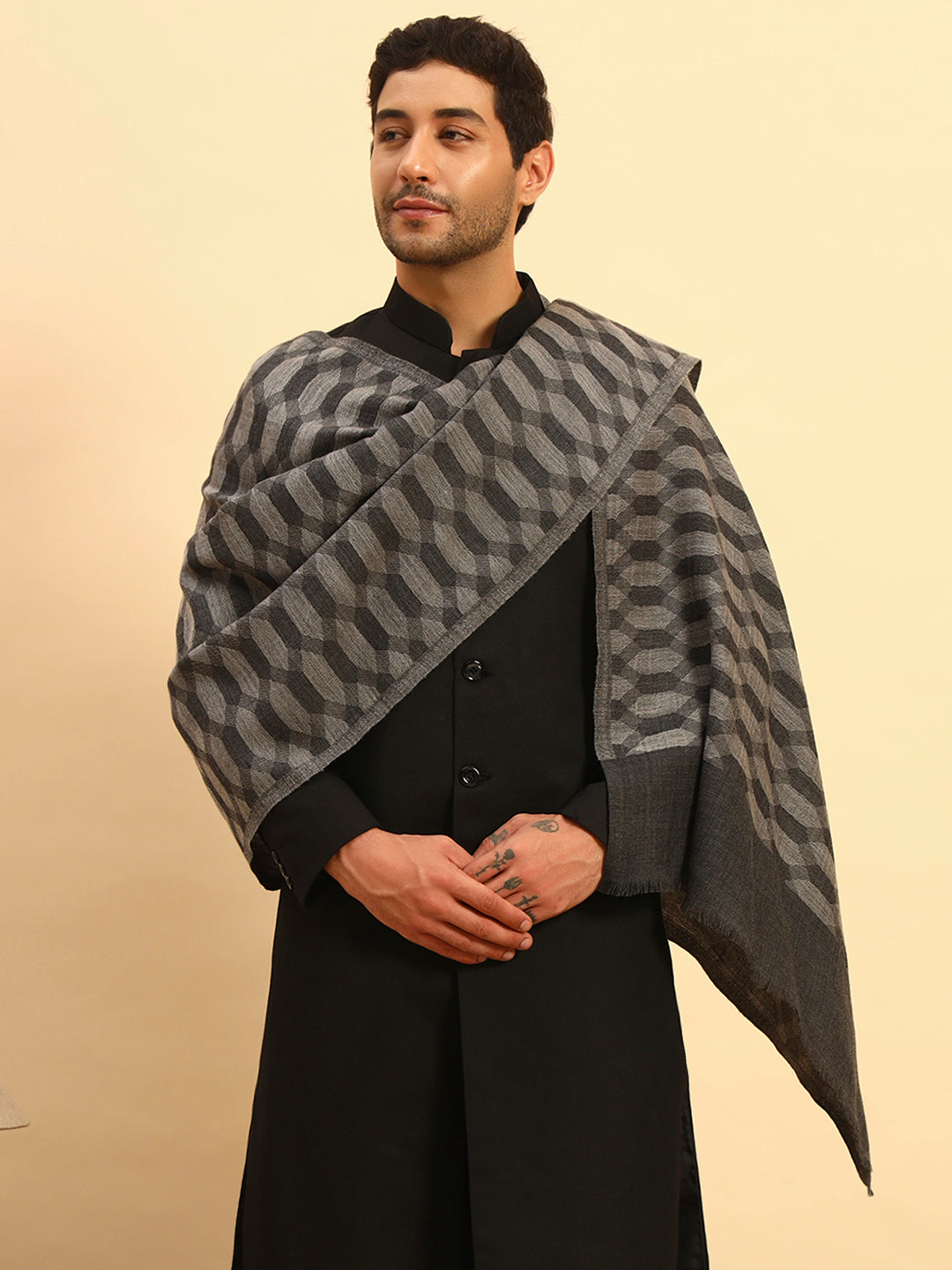Pashmoda Men Kavya Ikat 100% Pure Wool Checkered Stole (Size :71X203cm)