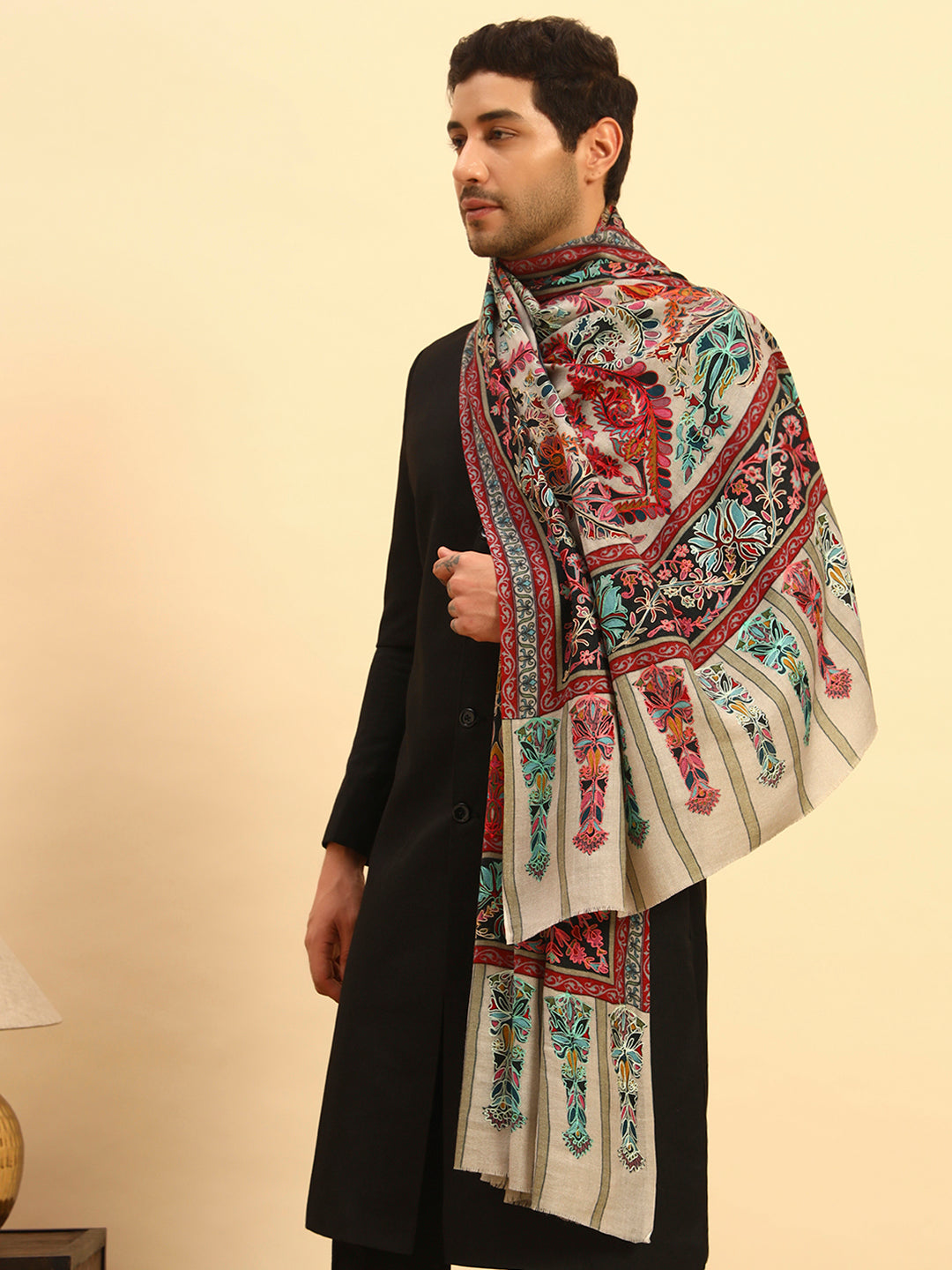 Pashmoda Men Rangkalam 100% Pure Wool Fabric Kalamkari Embroidered Shawl (Size: 101x203 CM)