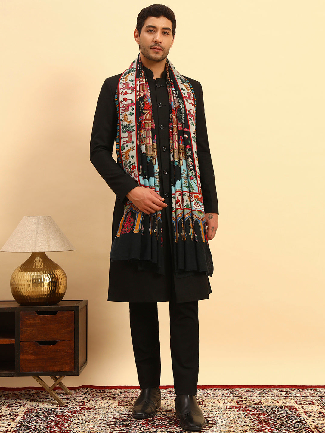 Pashmoda Men Mughal Bagh 100% Pure Wool Fabric Kalamkari Embroidered Shawl (Size: 101x203 CM)