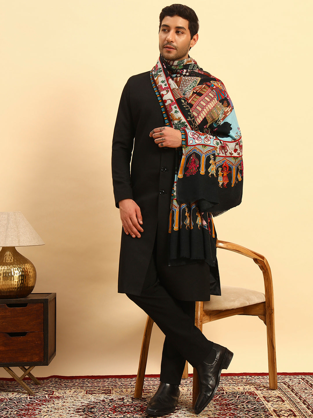 Pashmoda Men Mughal Bagh 100% Pure Wool Fabric Kalamkari Embroidered Shawl (Size: 101x203 CM)